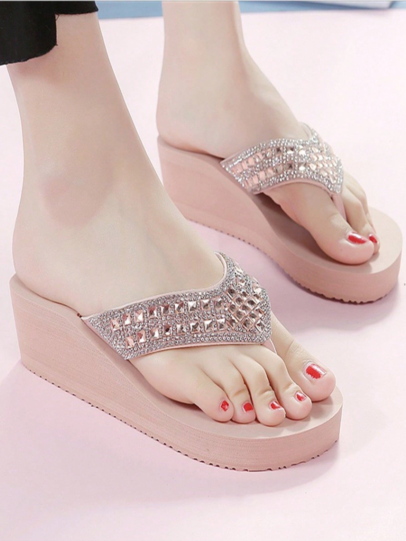 Women's Fashion Pink Rhinestone Slippers, Thick Bottom Wedge Beach Sandals, Non-slip & Wear-resistant, Elegant Indoor & Outdoor Flip-flops For Home Use