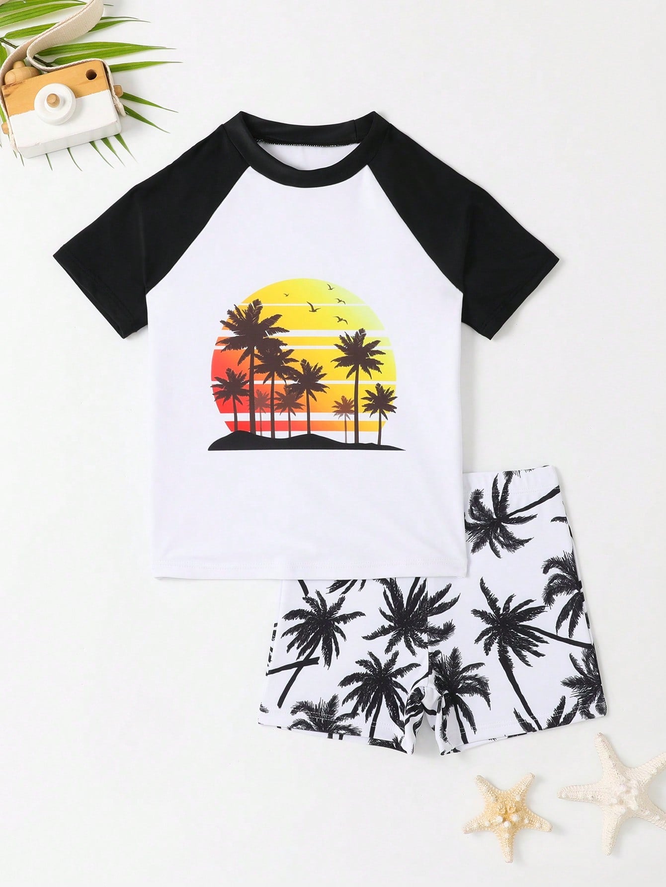 Young Boy Palm Tree Print Beach Swimsuit