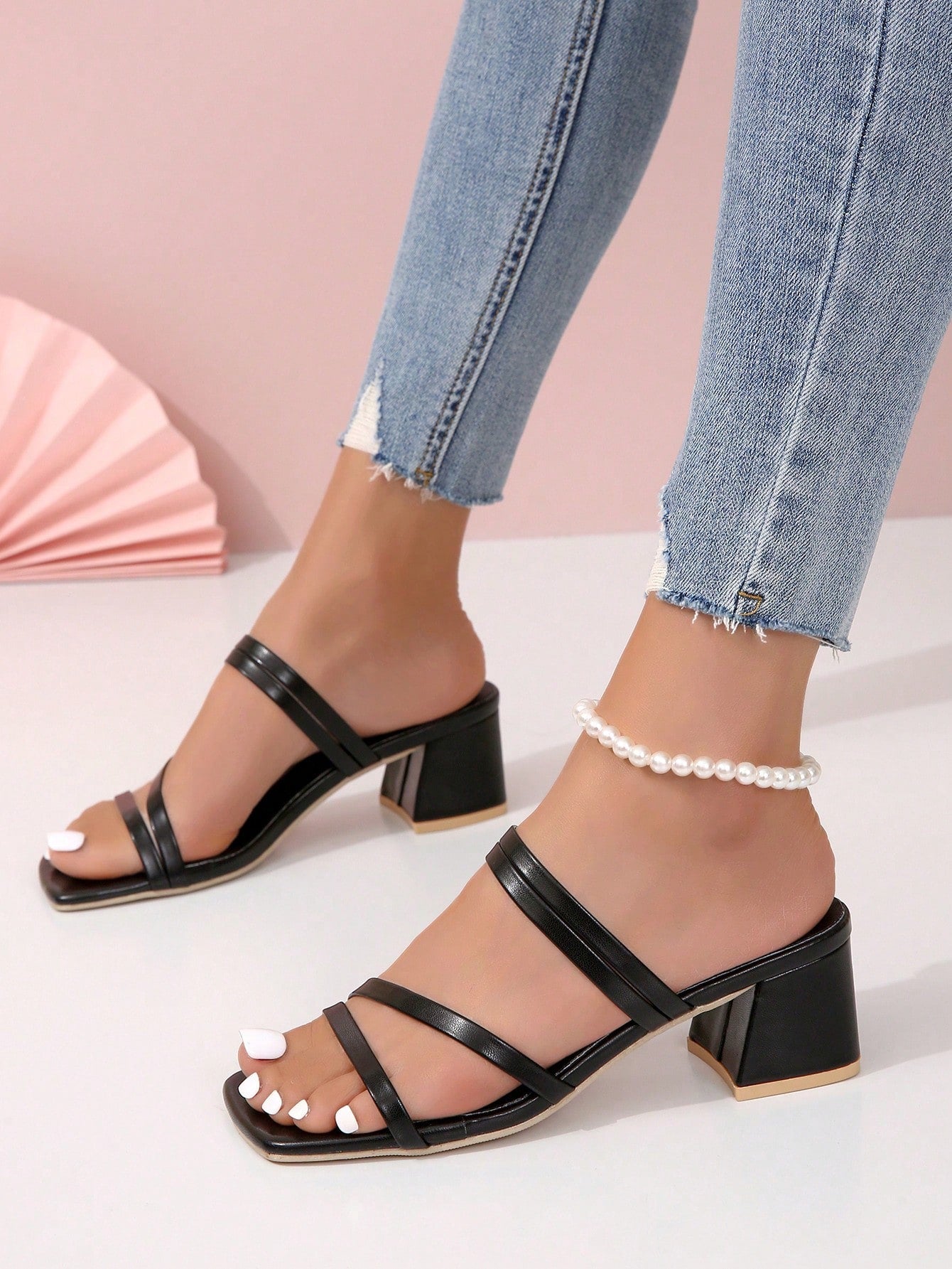 Women Multi Strap Chunky Heeled Sandals, Elegant Apricot Mule Sandals