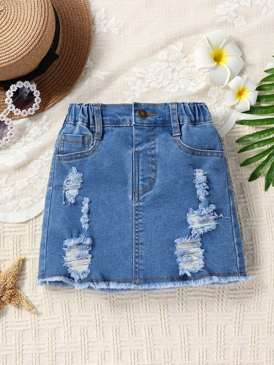 Kids Young Girl Ripped Raw Hem Denim Skirt