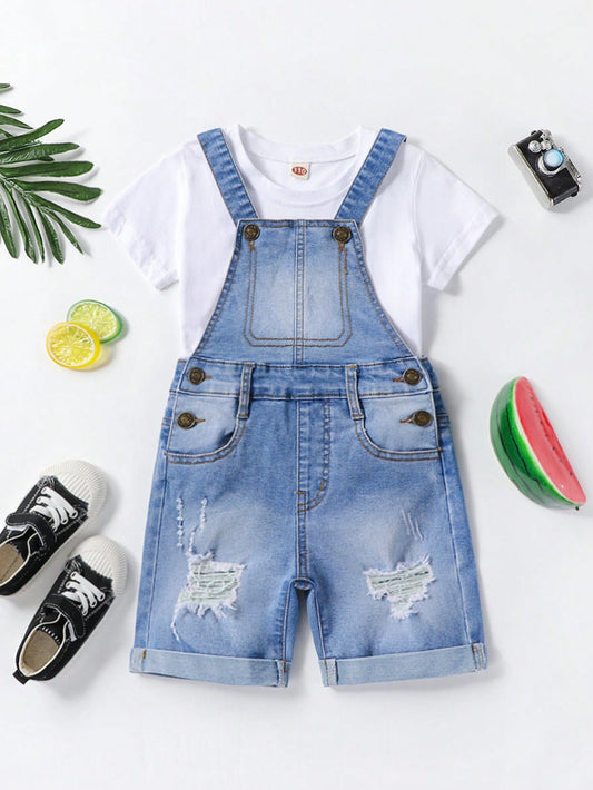 Young Boy Toddler Boys Ripped Roll Up Hem Denim Overall Without Tee