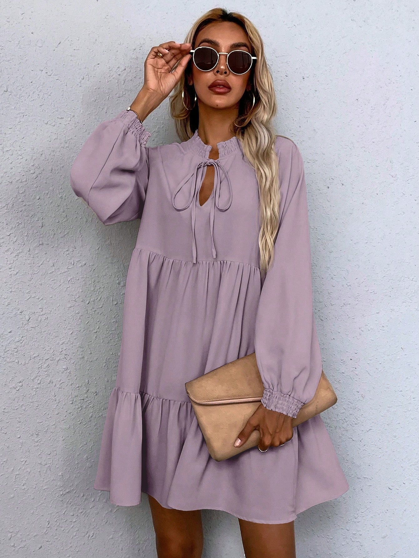 Tie Neck Lantern Sleeve Smock Dress