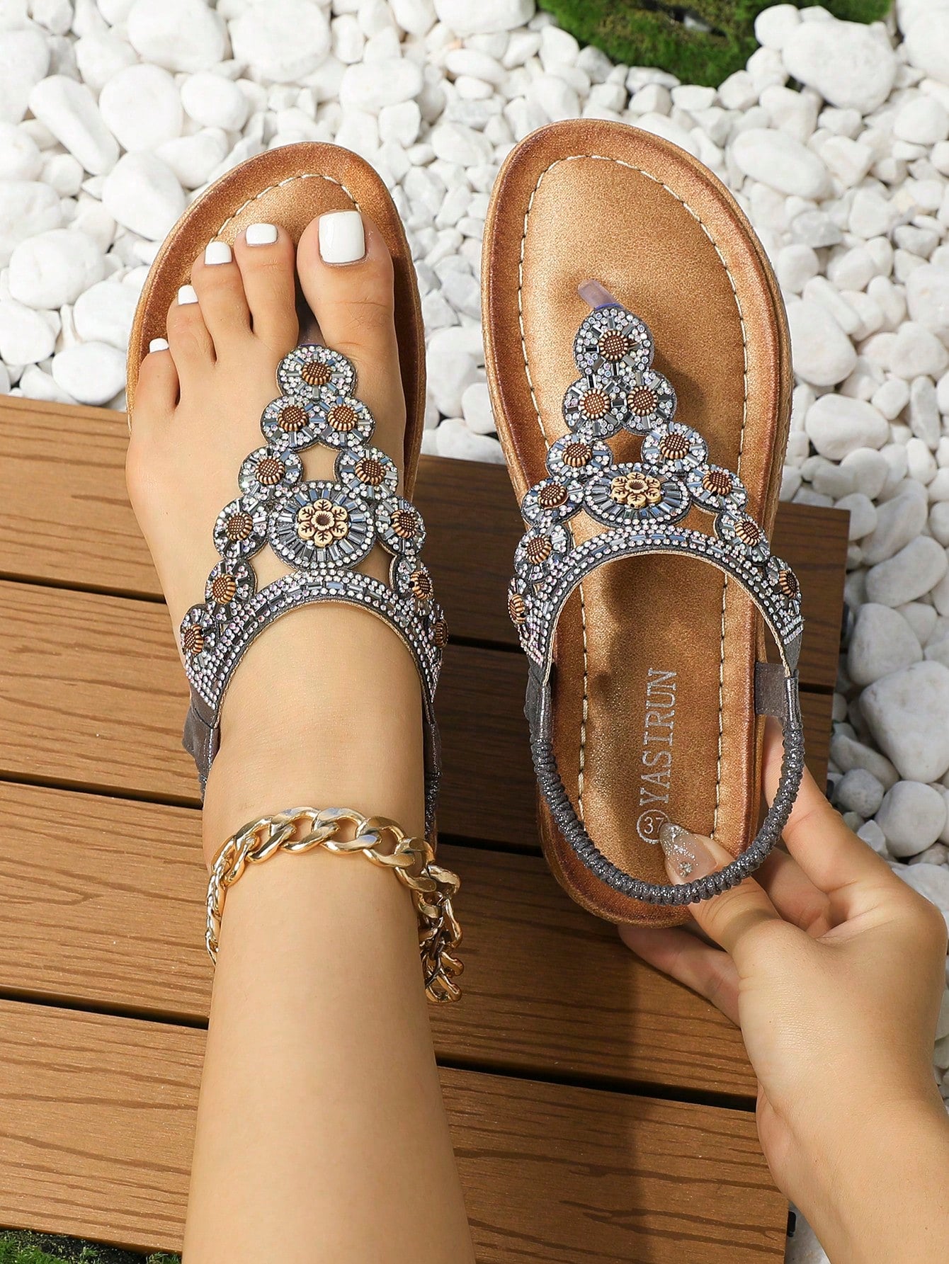 Women Rhinestone Decor Toe Post Flat Sandals, Glamorous Summer Thong Sandals