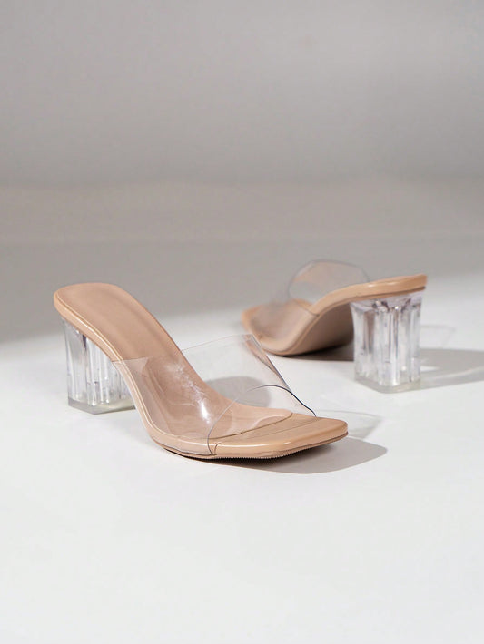 Fashion Sandals For Women, Clear Chunky Heeled Mule Sandals