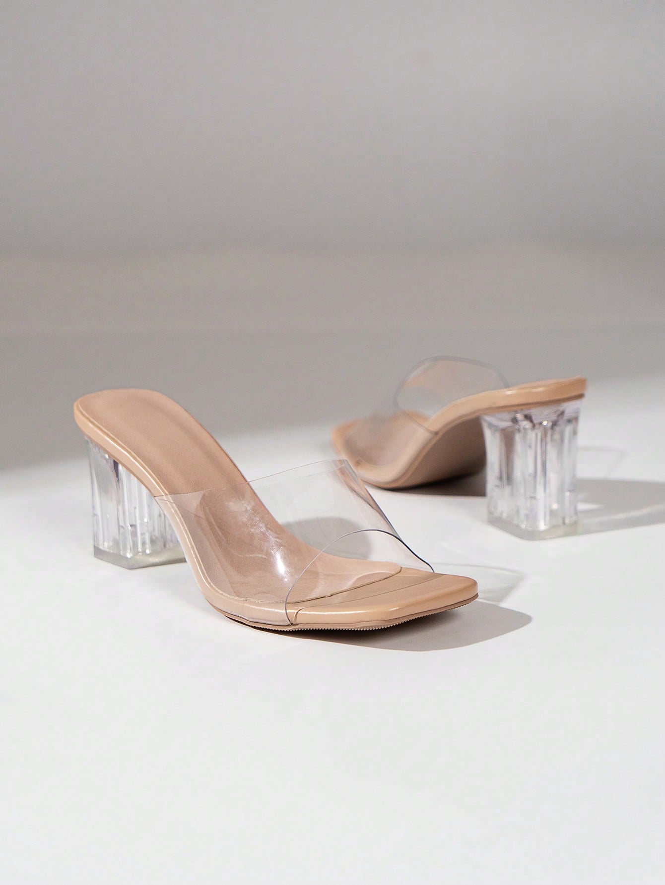 Party & Vacation Season Promotions, Classic Elegant Women's High Heel Sandals With Crystal Heel, Square Toe, Chunky Heel, Transparent Strap & Decorative Design For All Seasons In Coffee Brown Color