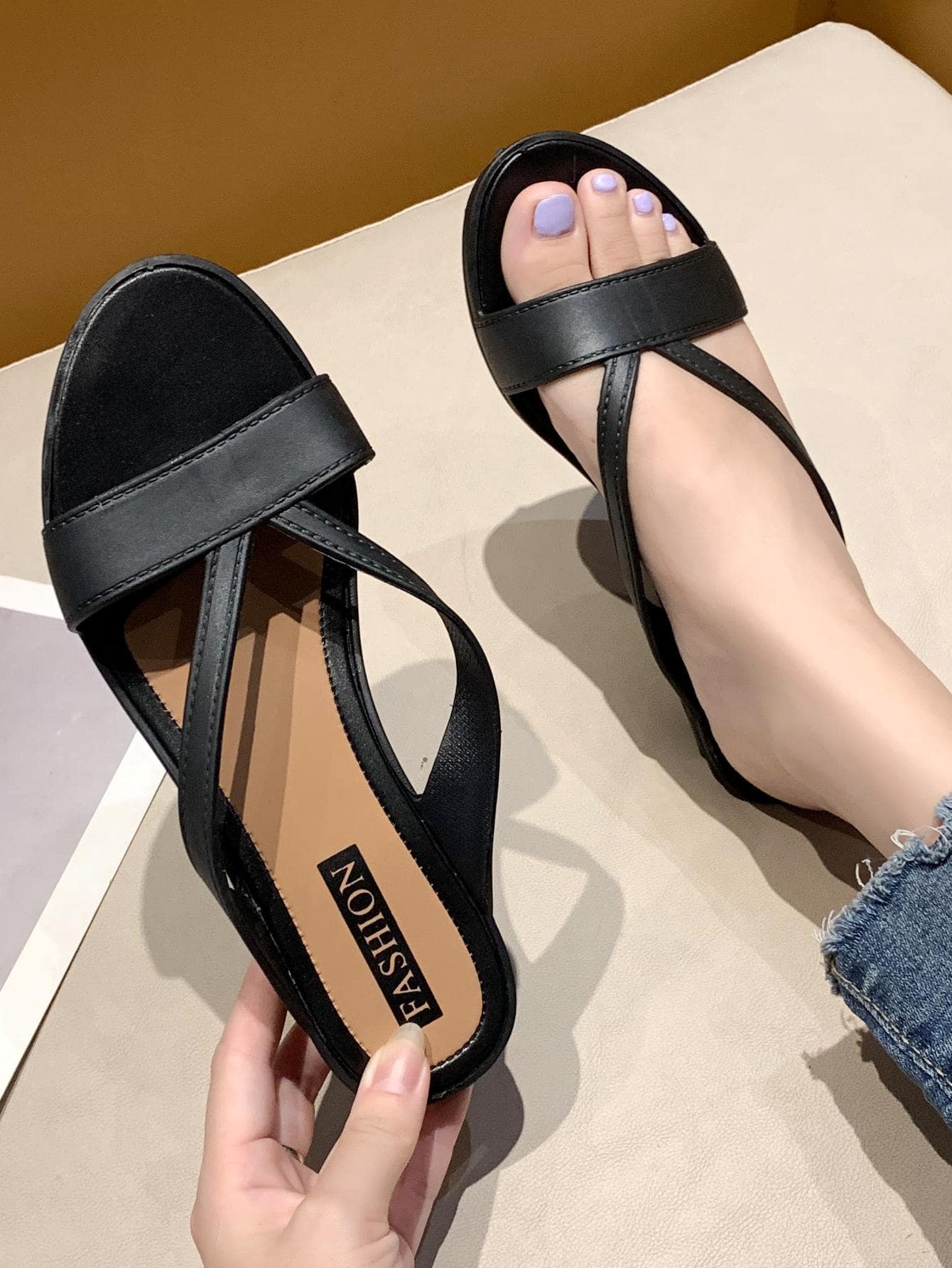 Fashion Green Sandals For Women, Minimalist Wedge Slide Sandals