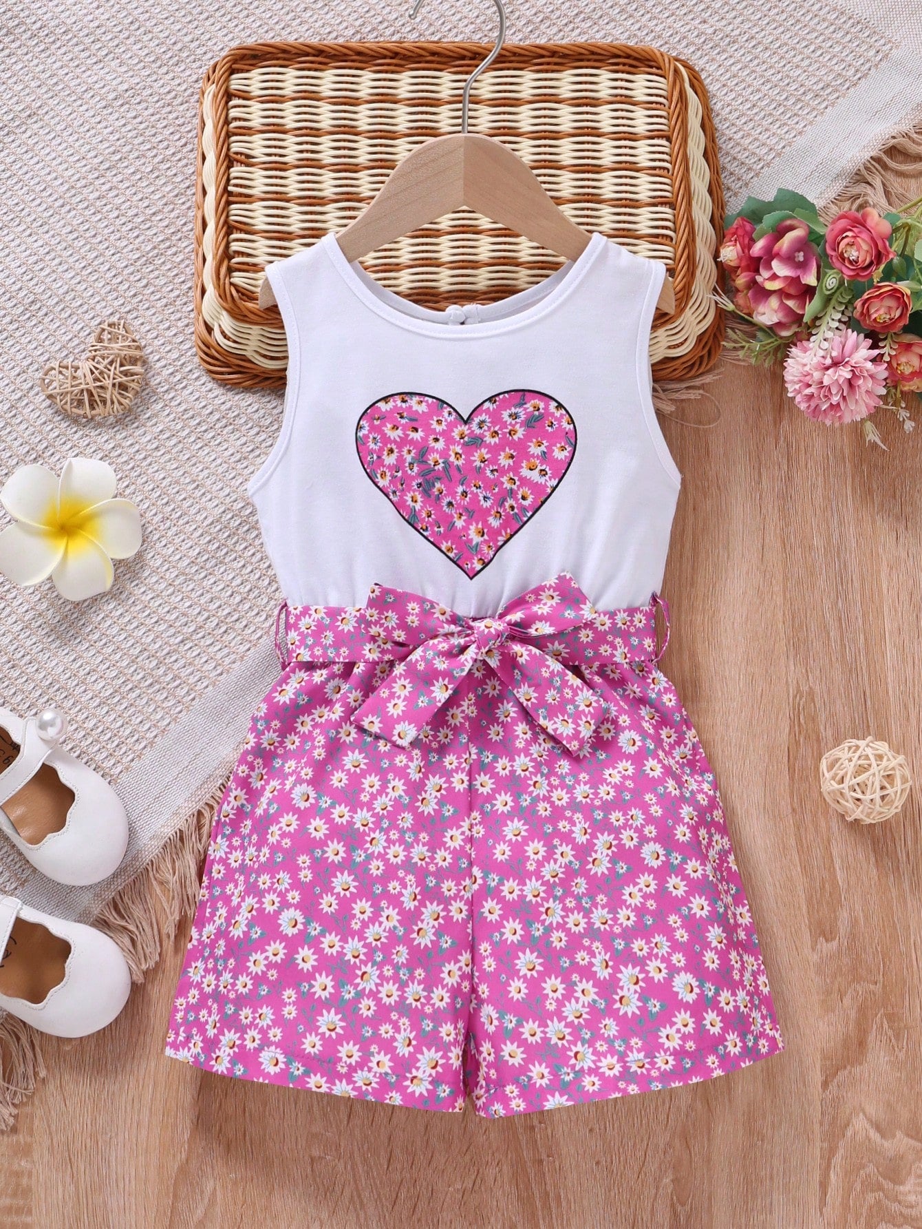 Young Girl Ditsy Floral & Heart Print Belted Romper