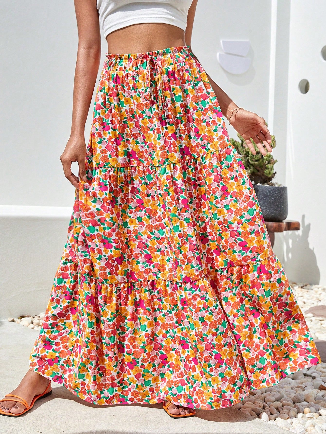 Allover Floral Print Ruffle Hem Skirt