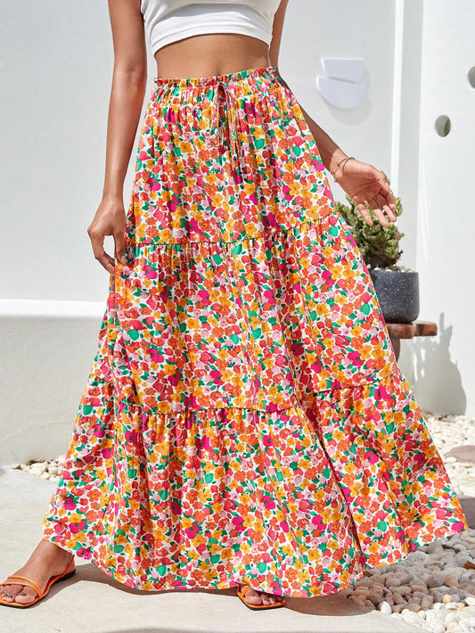 Allover Floral Print Ruffle Hem Skirt