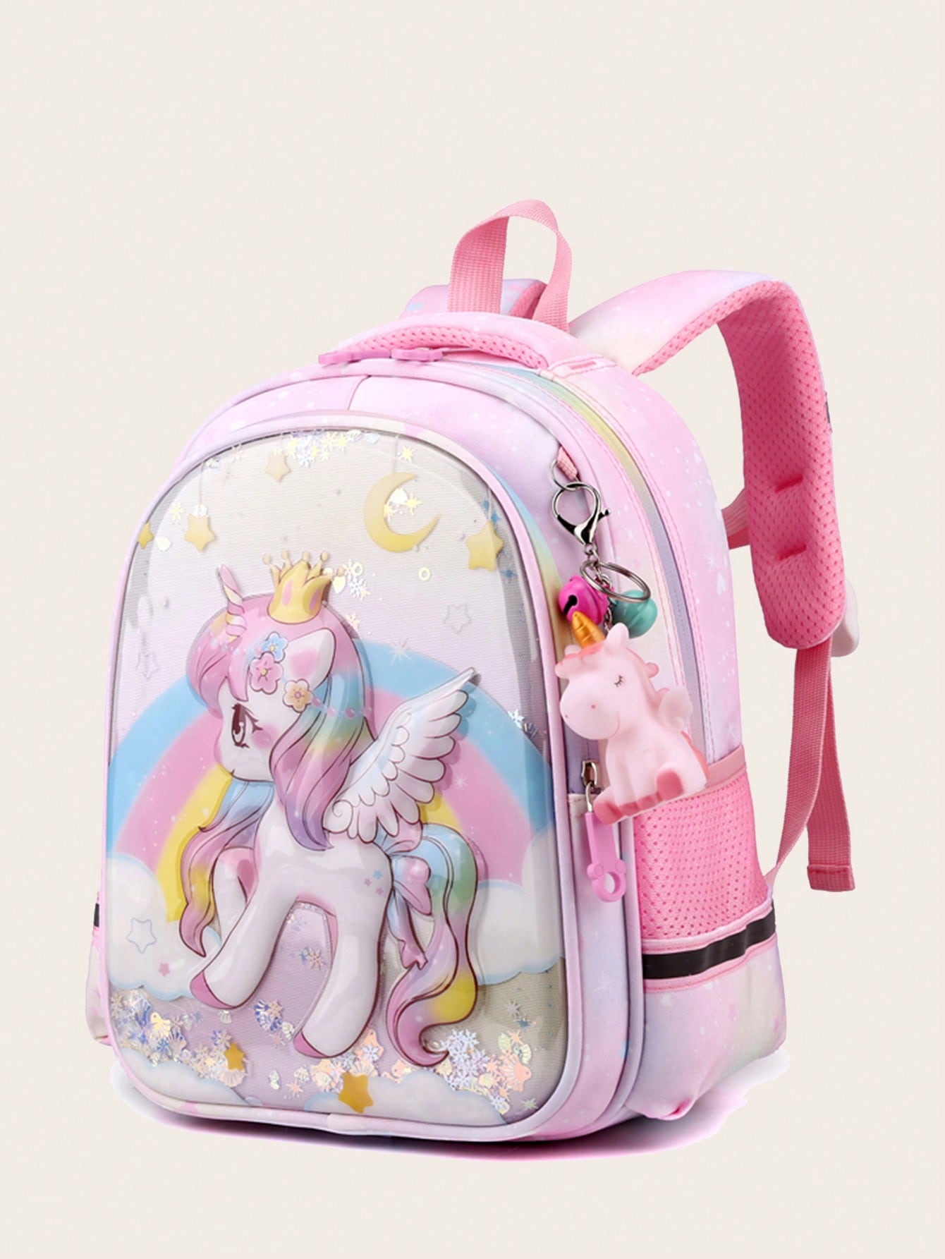 Girls Unicorn Pattern Zipper Functional Backpack With Bag Charm