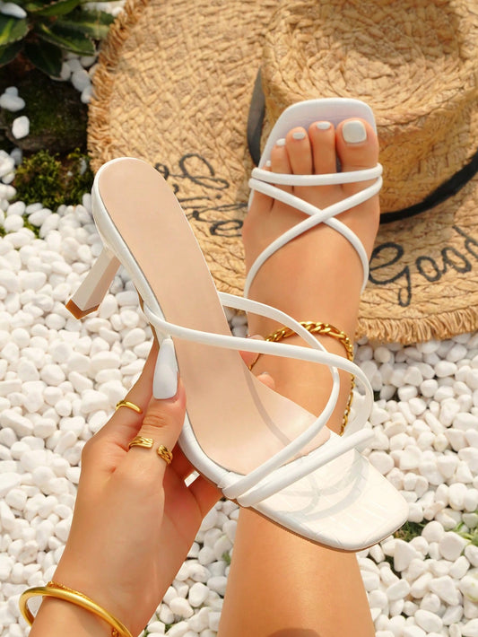 Women Criss Cross Strap Heeled Sandals, Elegant White Mule Sandals