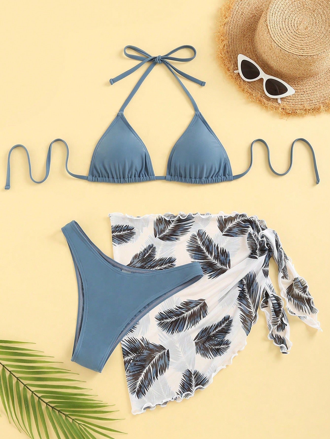 Swim Summer Beach Leaf Print Bikini Set Halter Triangle Bra & High Cut Bottom & Cover Up Skirt 3 Piece Bathing