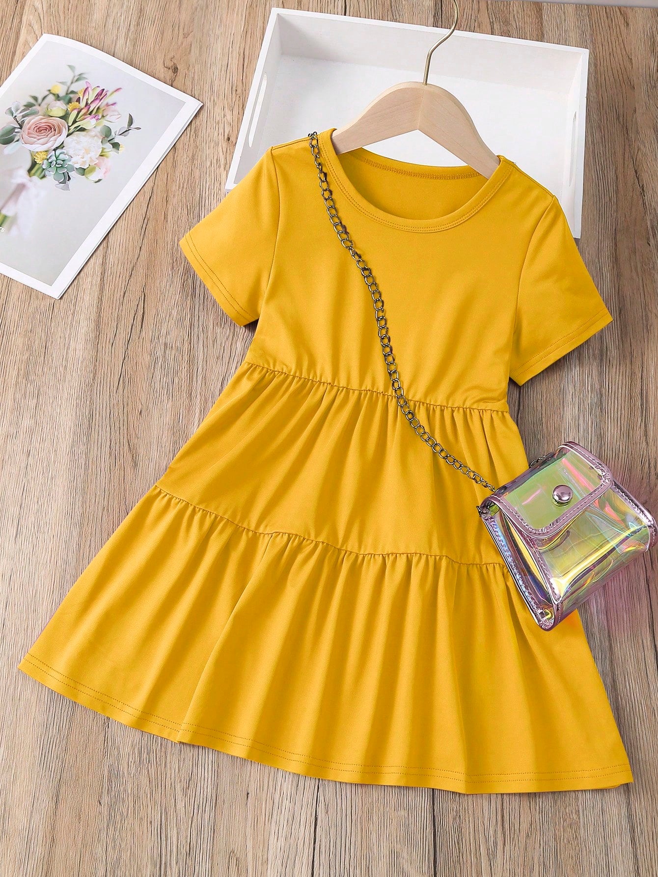 Young Girl Round Neck Solid Color Ruffle Hem Summer Casual Dress, Fashionable And Comfortable For Spring And Summer Wear