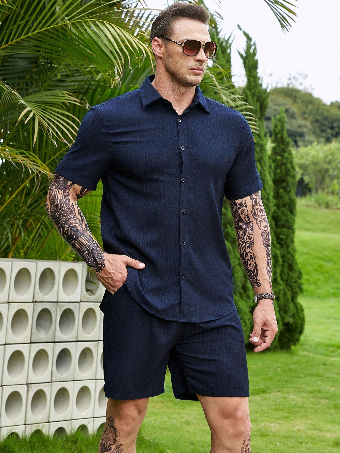 Men Plus Solid Button Up Shirt & Drawstring Waist Shorts