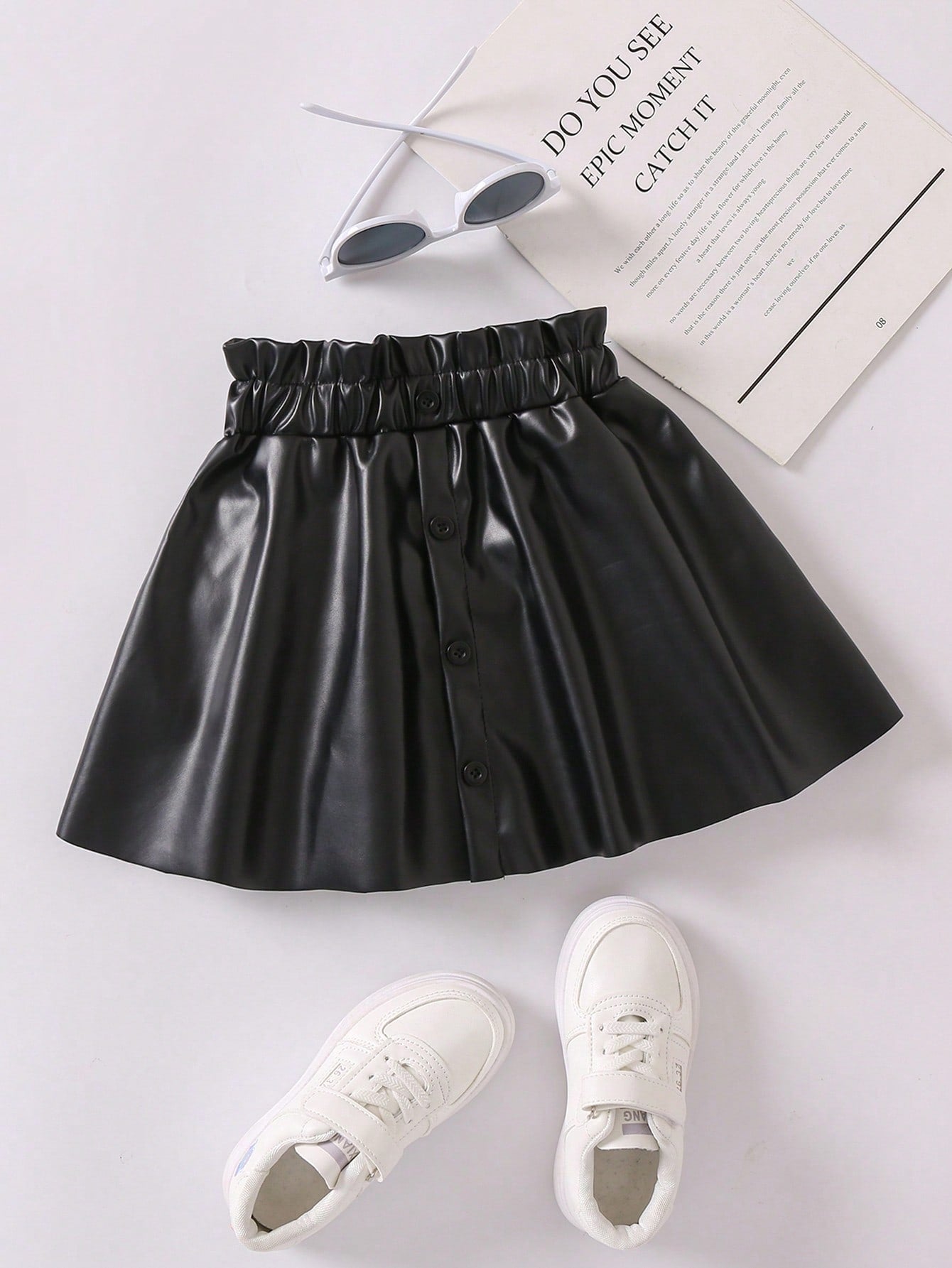 Young Girl Paperbag Waist Button Front PU Skirt