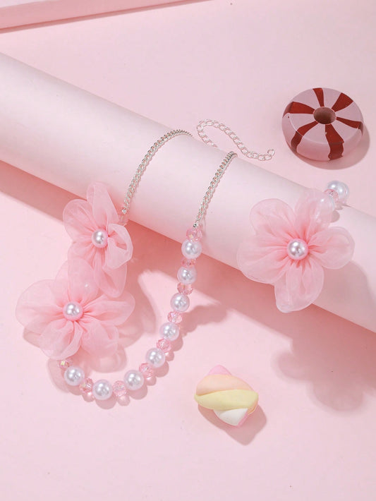 2pcs Girls Faux Pearl & Flower Decor Fashionable Jewelry Set For Daily Decoration