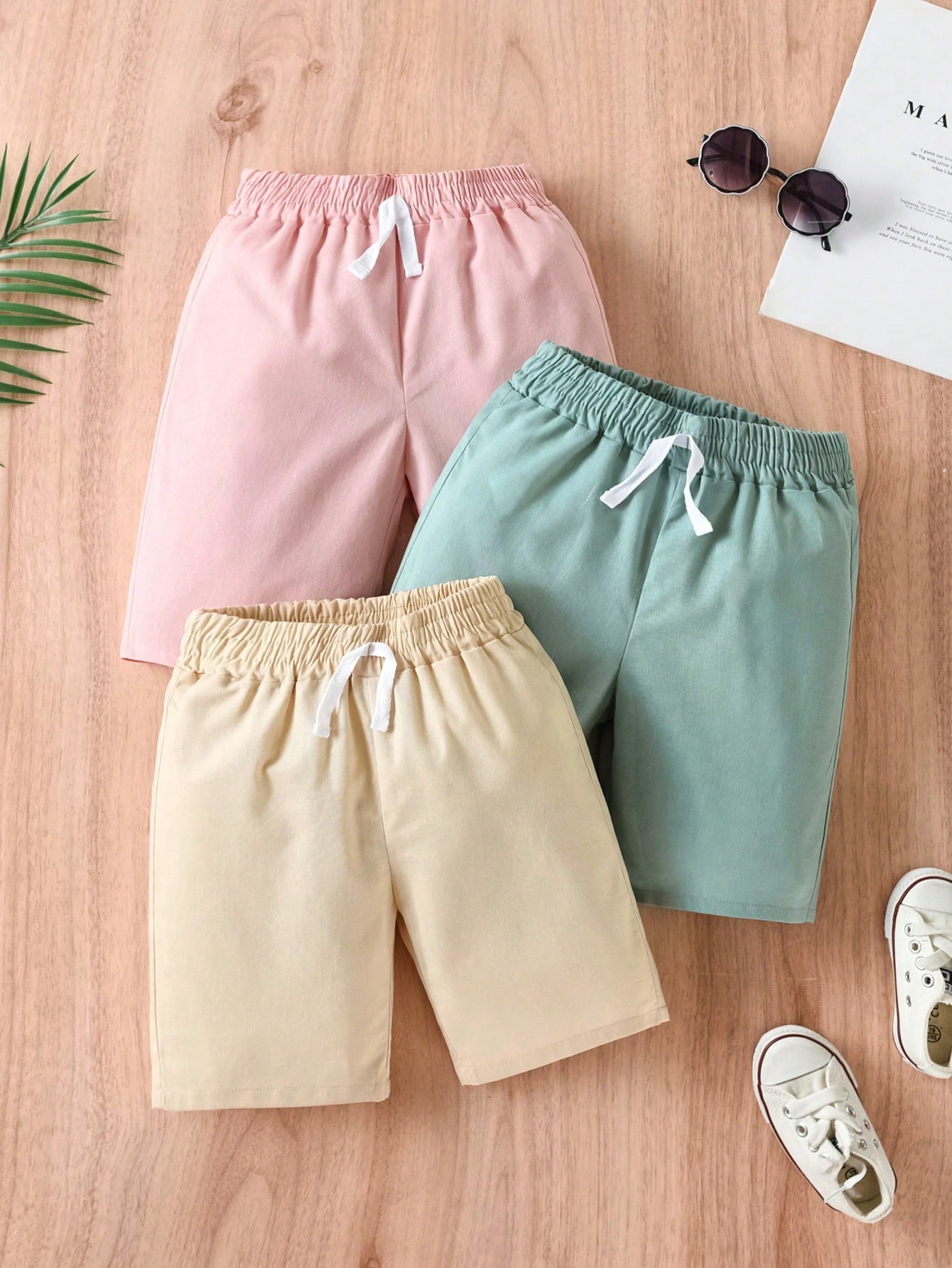 Young Boy 3pcs Solid Tie Front Shorts