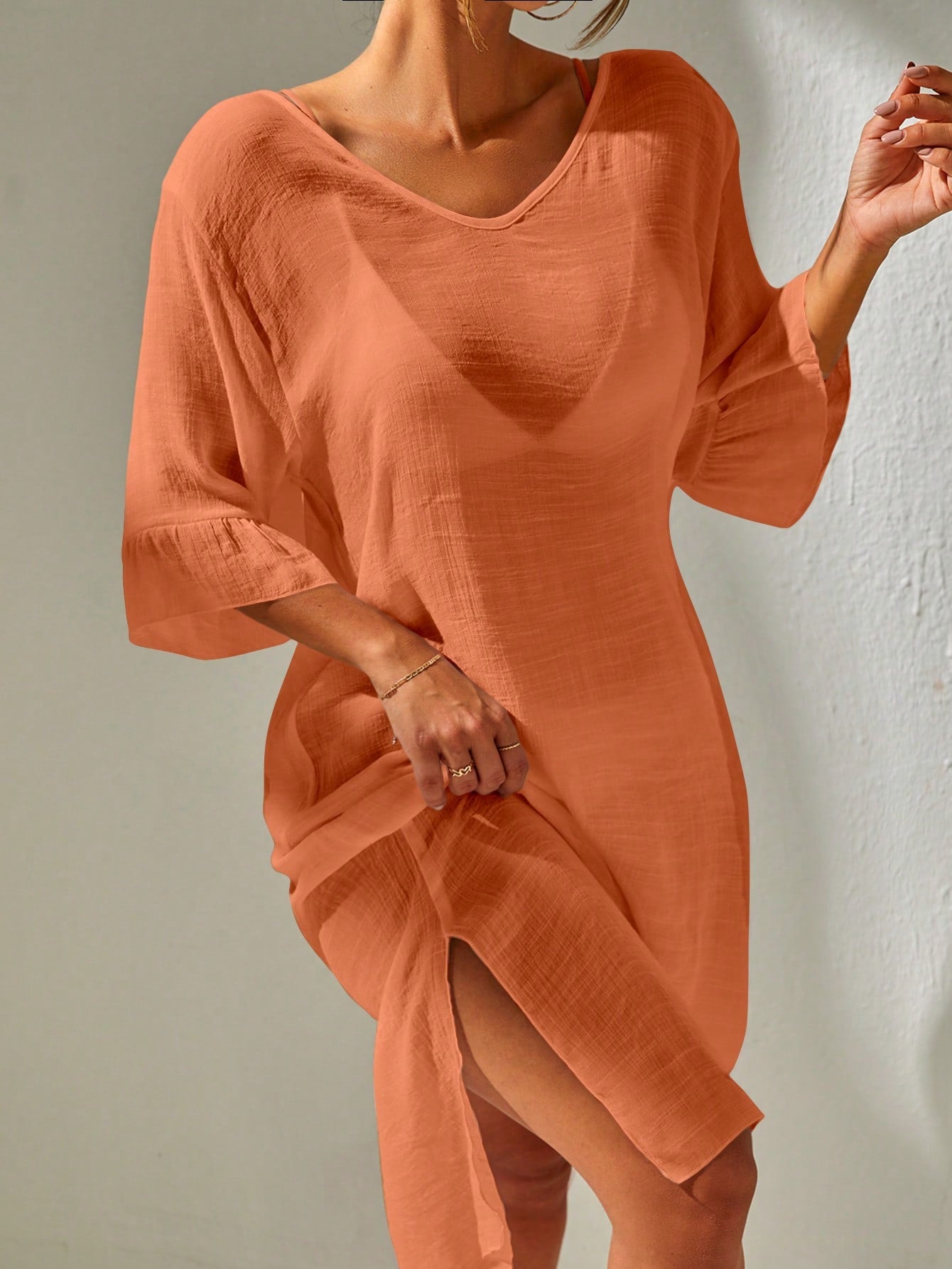 Swim Summer Beach Plain V Neck Cover Up Dress