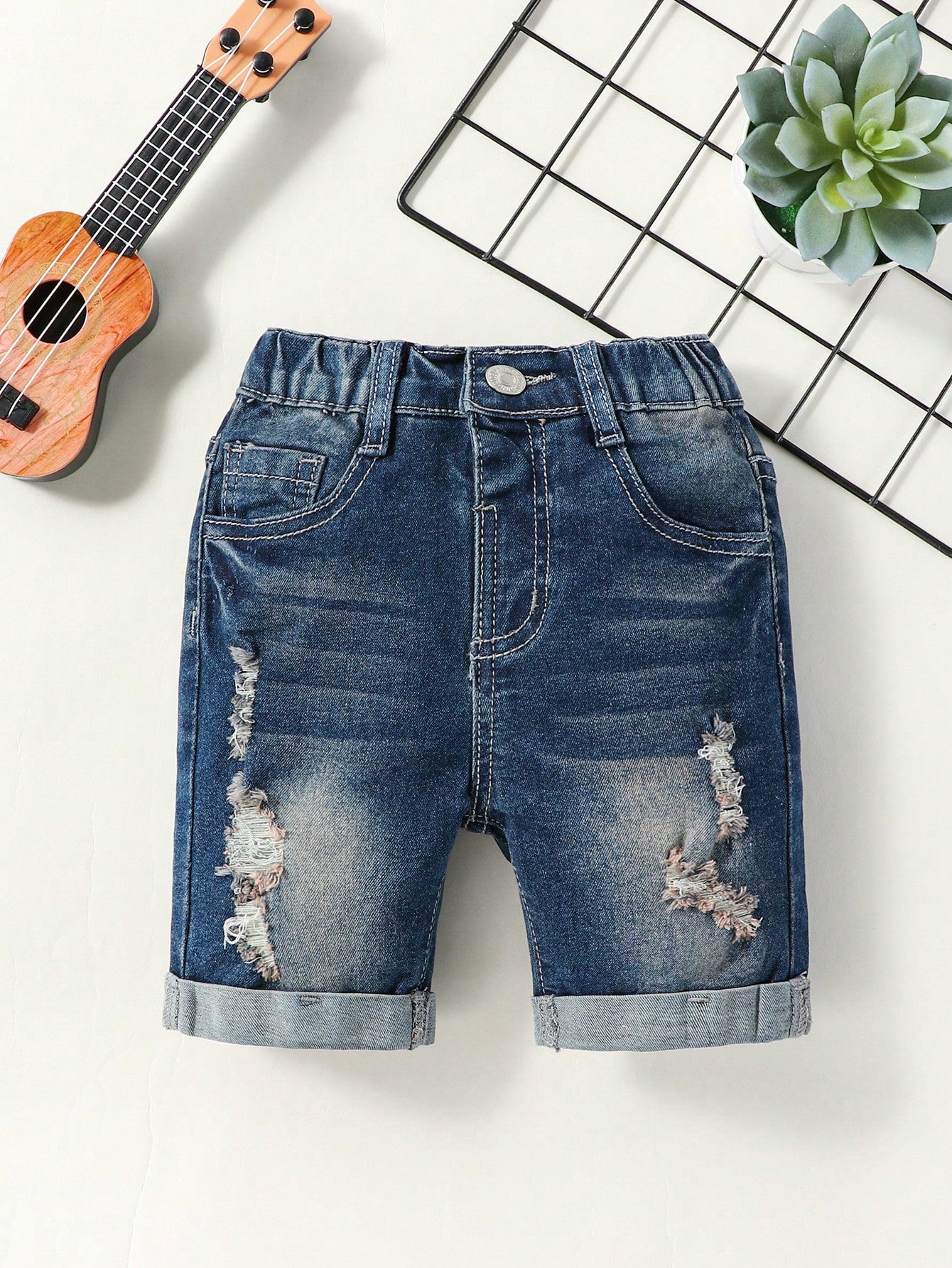 Young Boy Vintage Daily Boho Street Casual Casual Destroy Roll Ip Hem Elastic Waist Denim Shorts