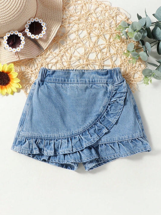 Young Girl Holiday Casual Daily Ruffles Details Two In One Denim Skort