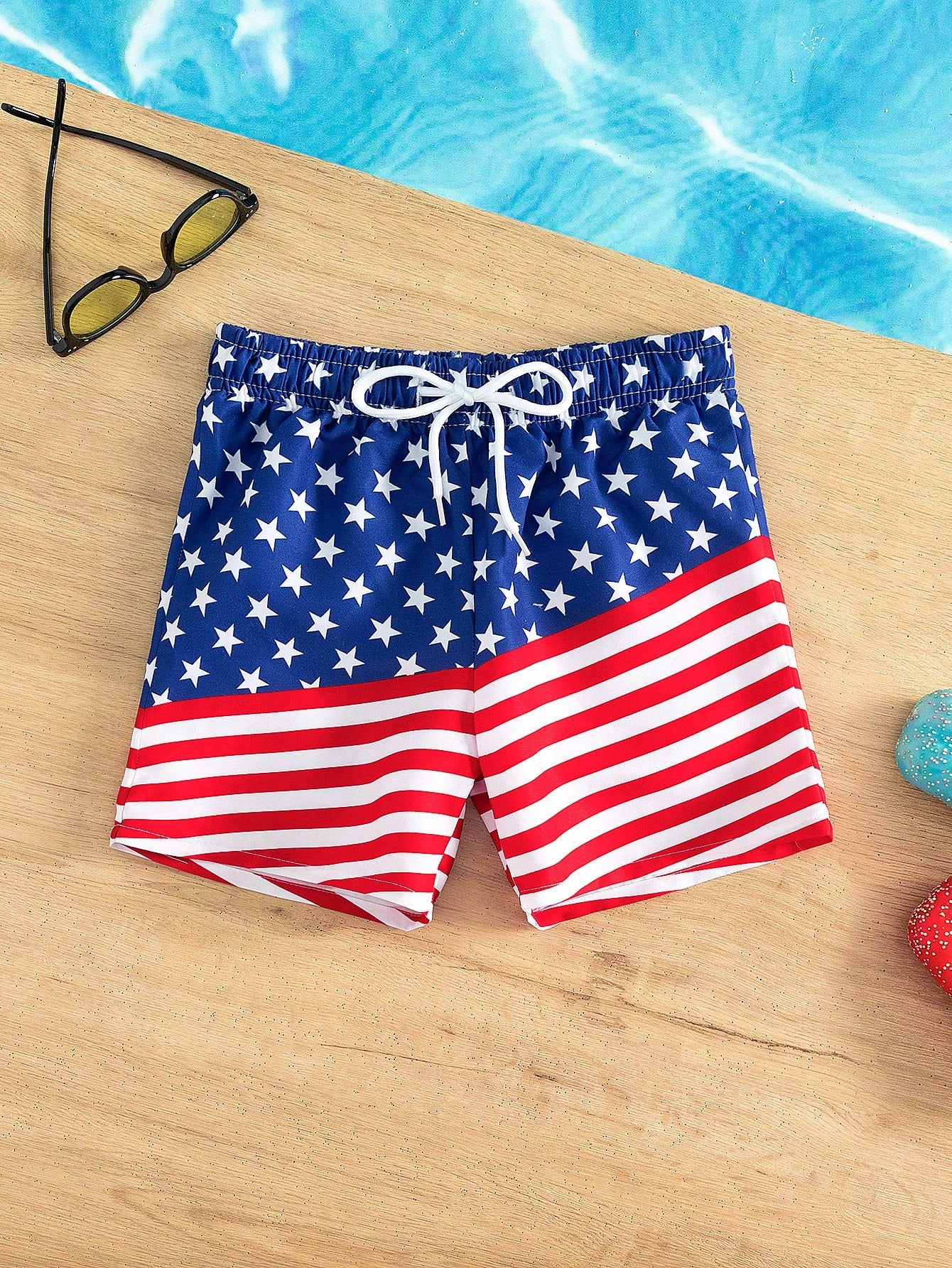 Young Boy Americana Print Drawstring Waist Swim Shorts