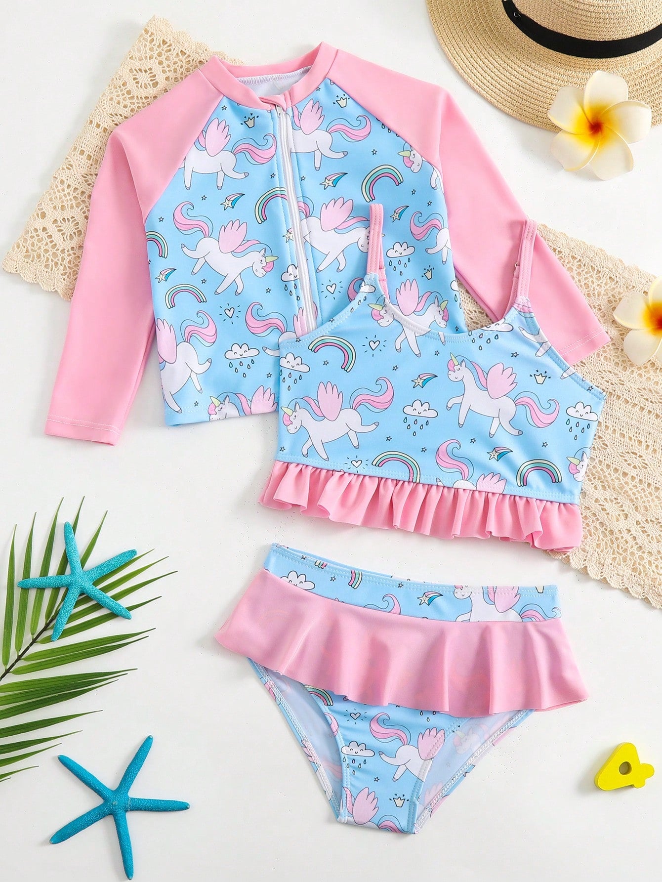 Young Girl Unicorn Print Ruffle Hem Bikini Set With Zipper Front Top Summer Beach