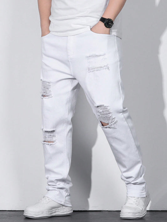 Men Plus Cotton Drawstring Waist Straight Leg Jeans