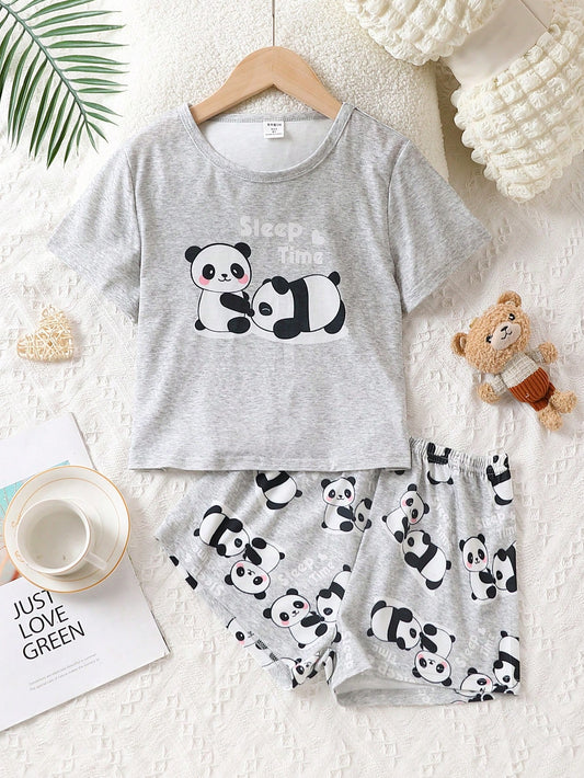 Tween Girl Panda & Slogan Graphic Tee & Shorts