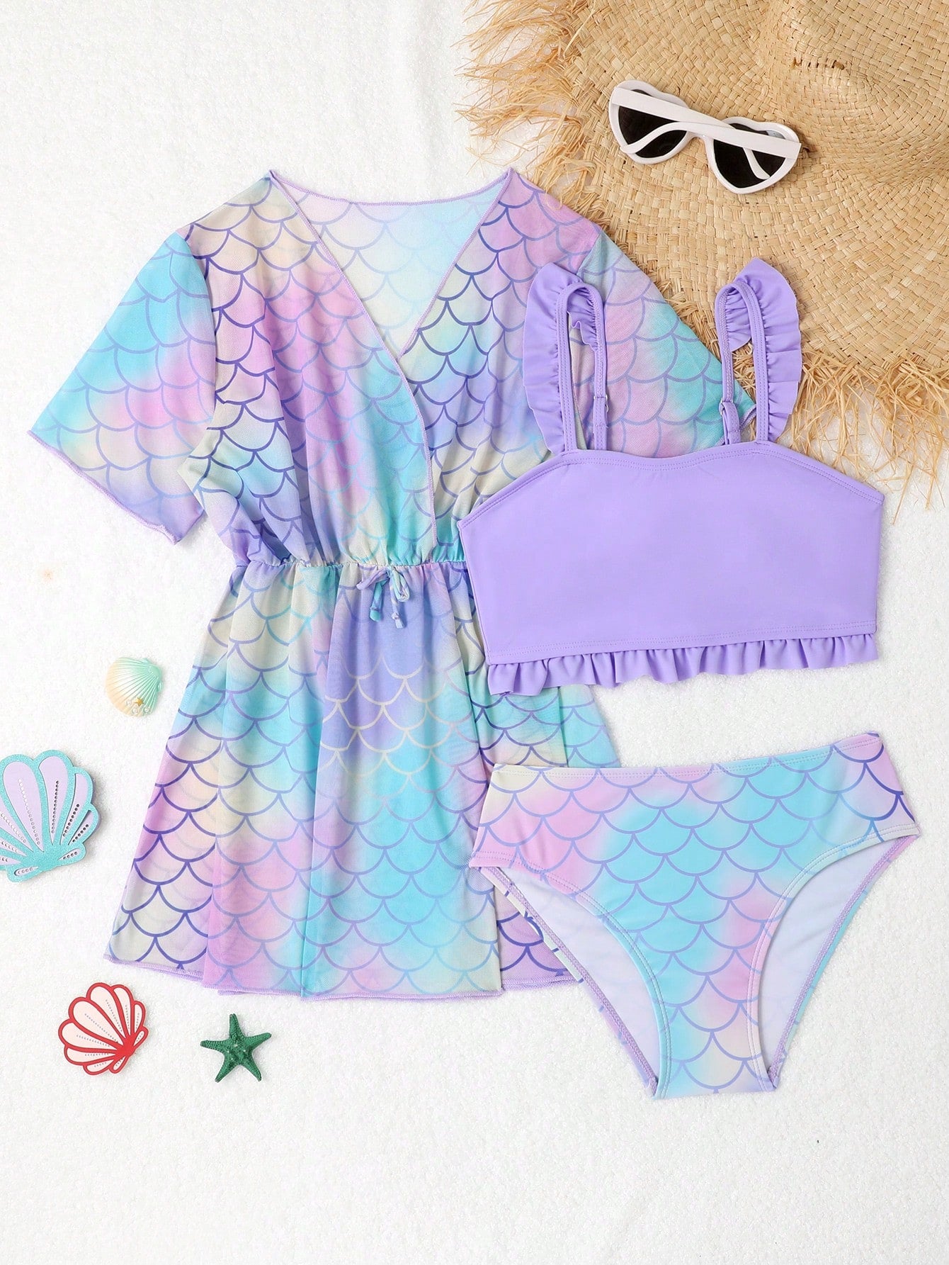 Tween Girl Fish Scales Frill Trim Bikini Set With Kimono Summer Beach