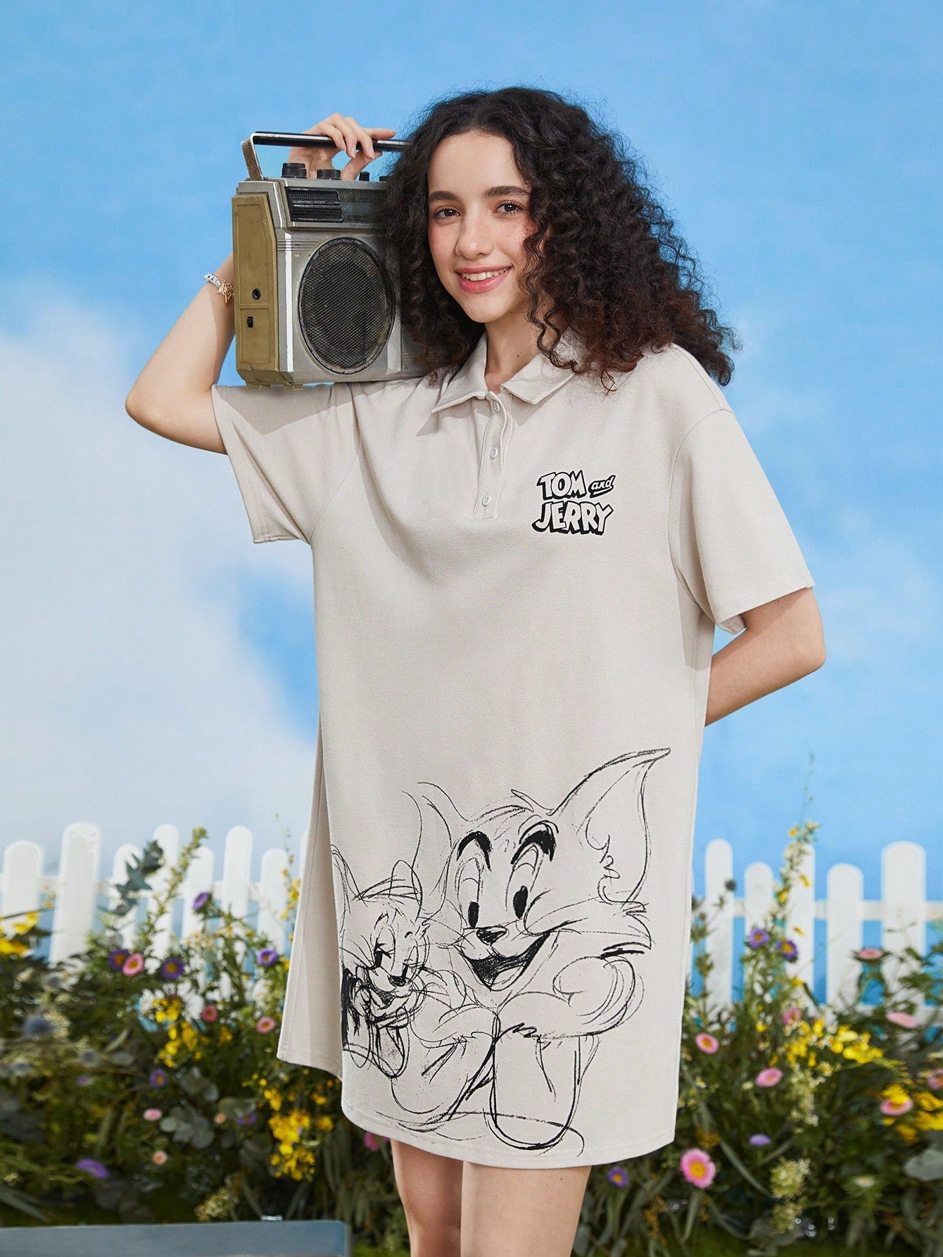 Letter & Cartoon Graphic Polo Neck Drop Shoulder Tee Dress