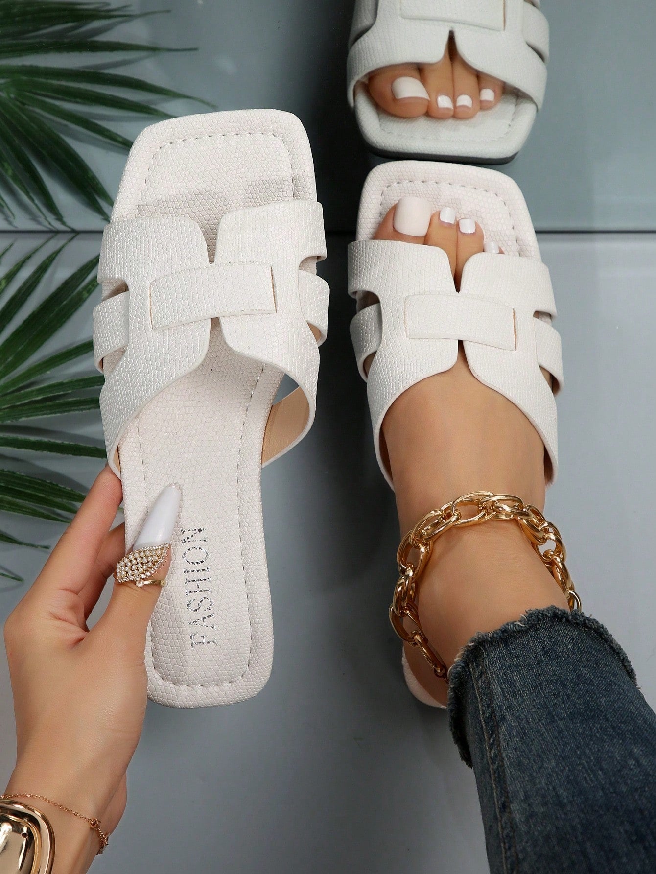 Women Two Tone Slide Sandals, Elegant Summer Flat Sandals