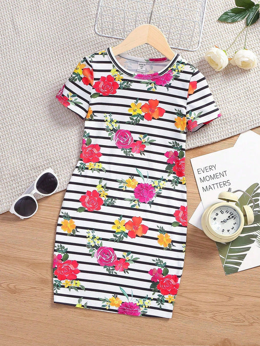 Tween Girl Flower & Stripe Pattern Short Sleeve Knitted Comfortable Skin-Friendly Dress With Round Neckline