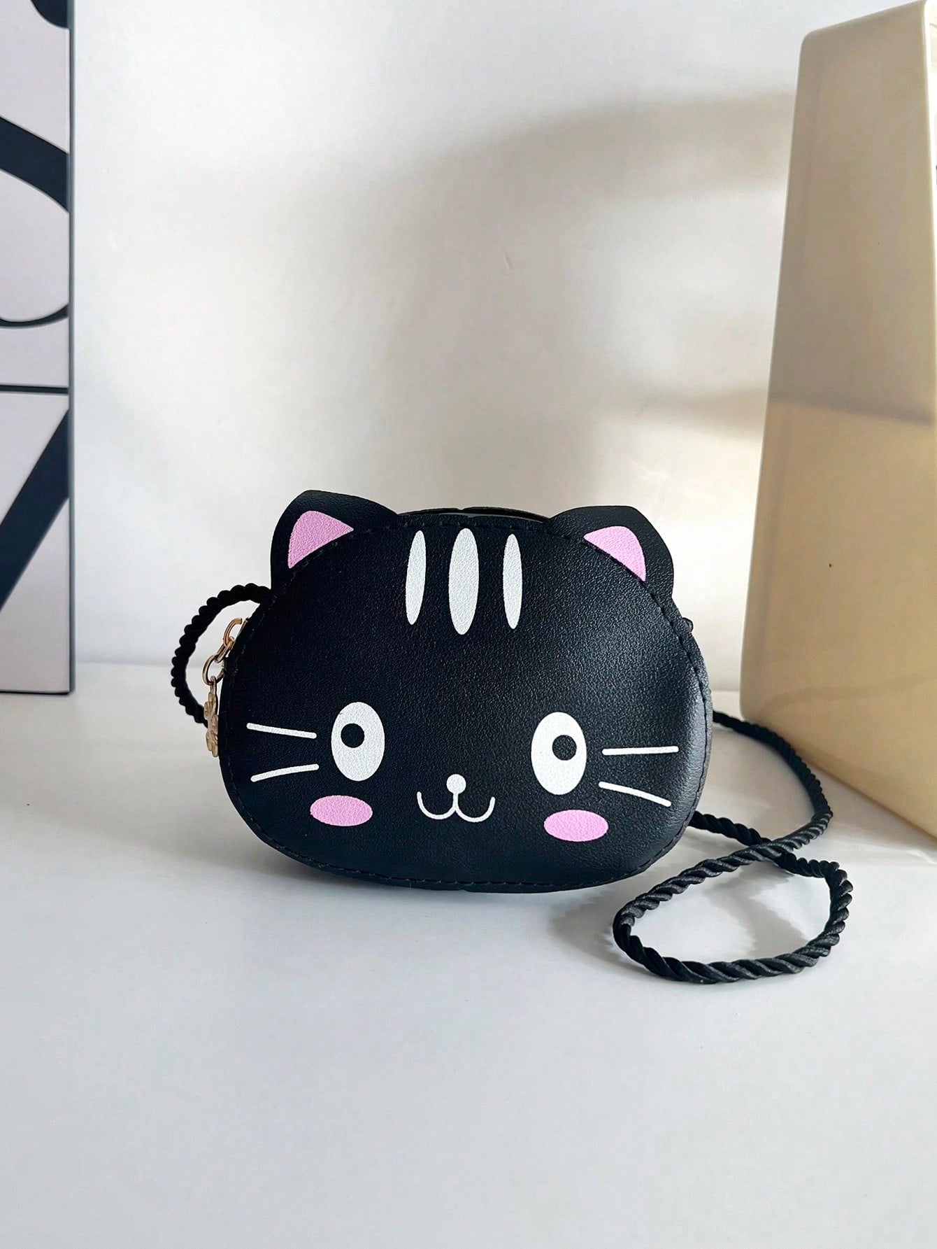 1pc Girls Ear Decor Cat Pattern Zipper Circle Bag