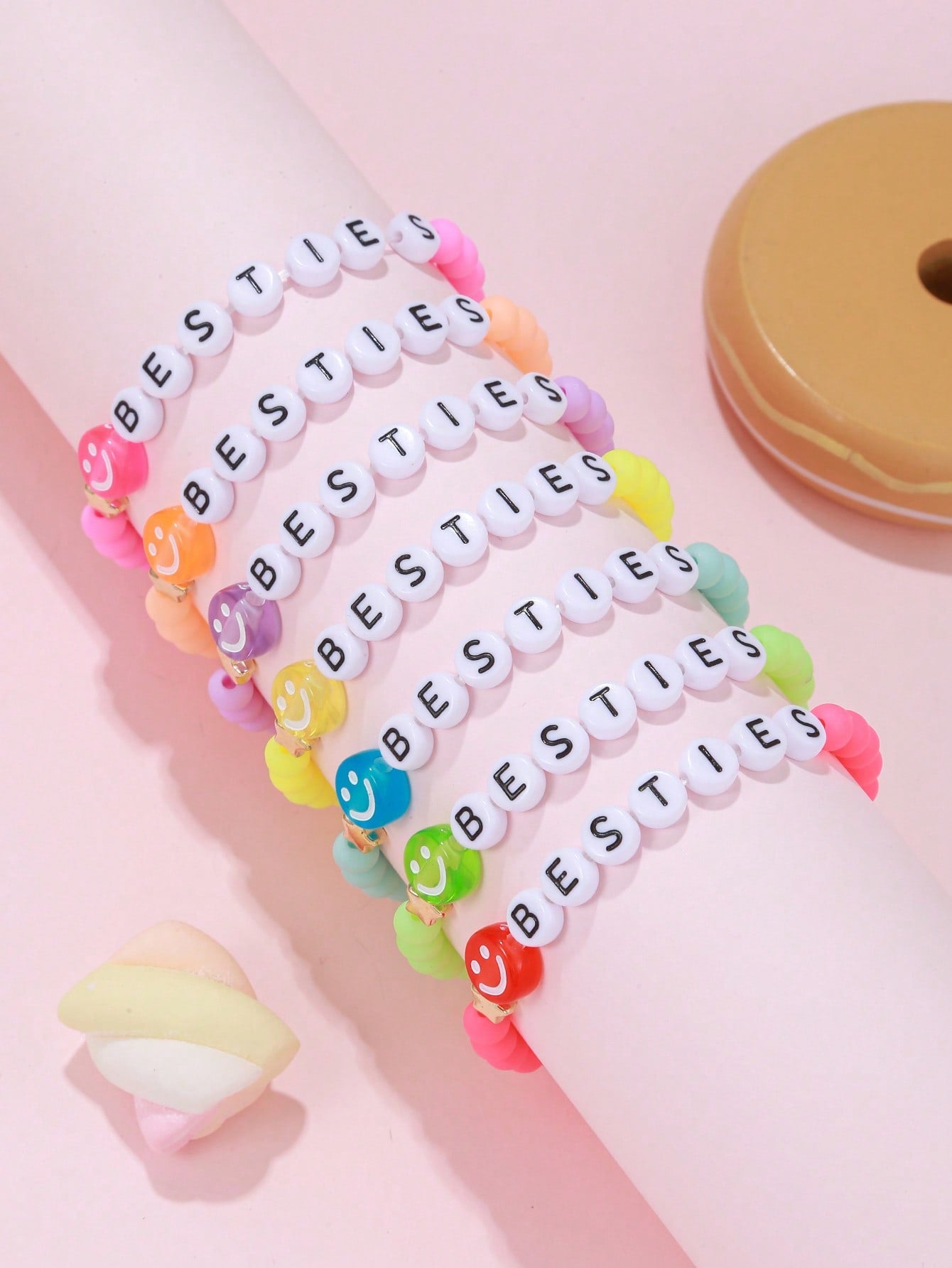 7pcs Girls Expression & Letter Detail Cute Beaded Bracelet For Daily Decoration