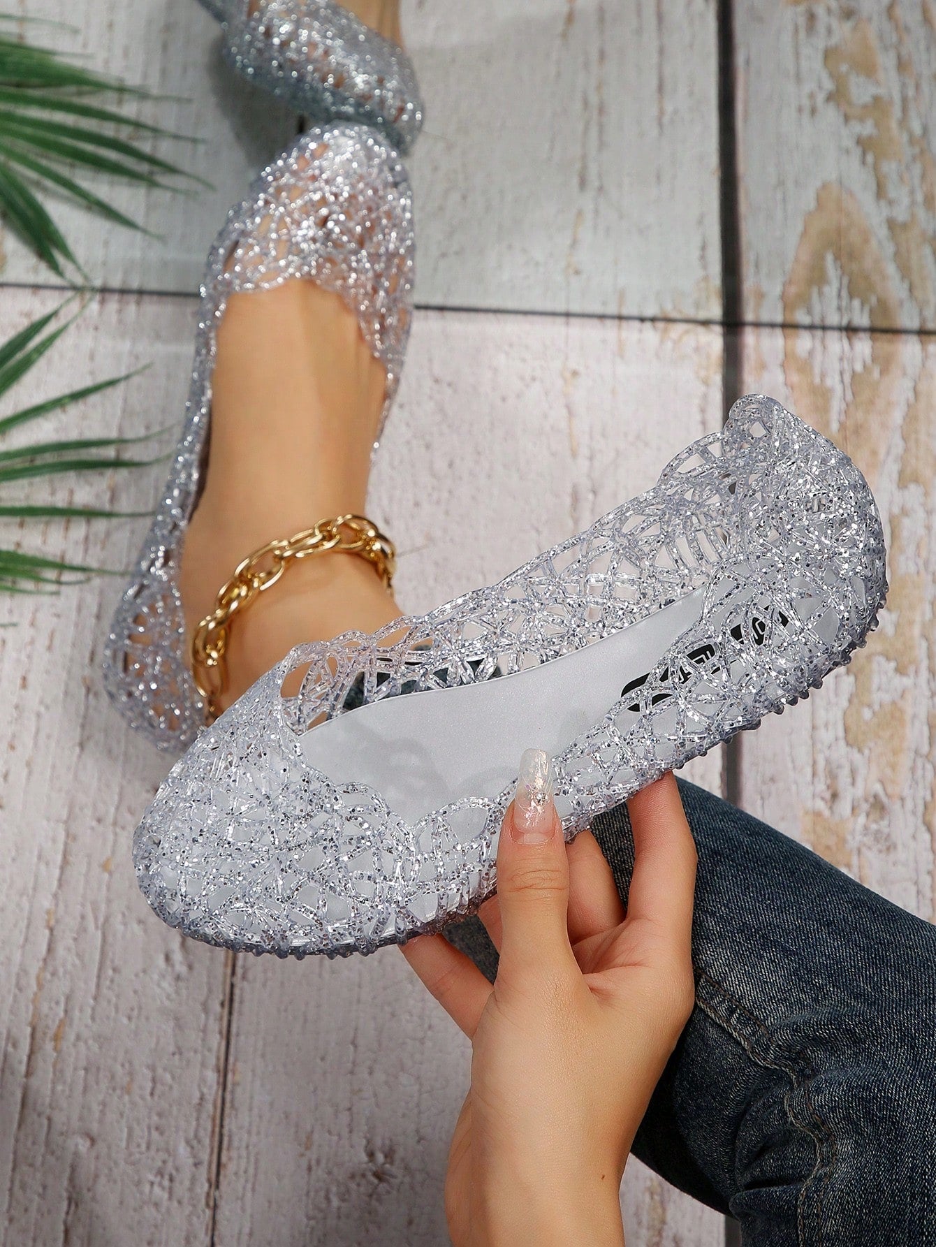 Glamorous Silver Flats For Women, Rhinestone Decor Ballet Flats