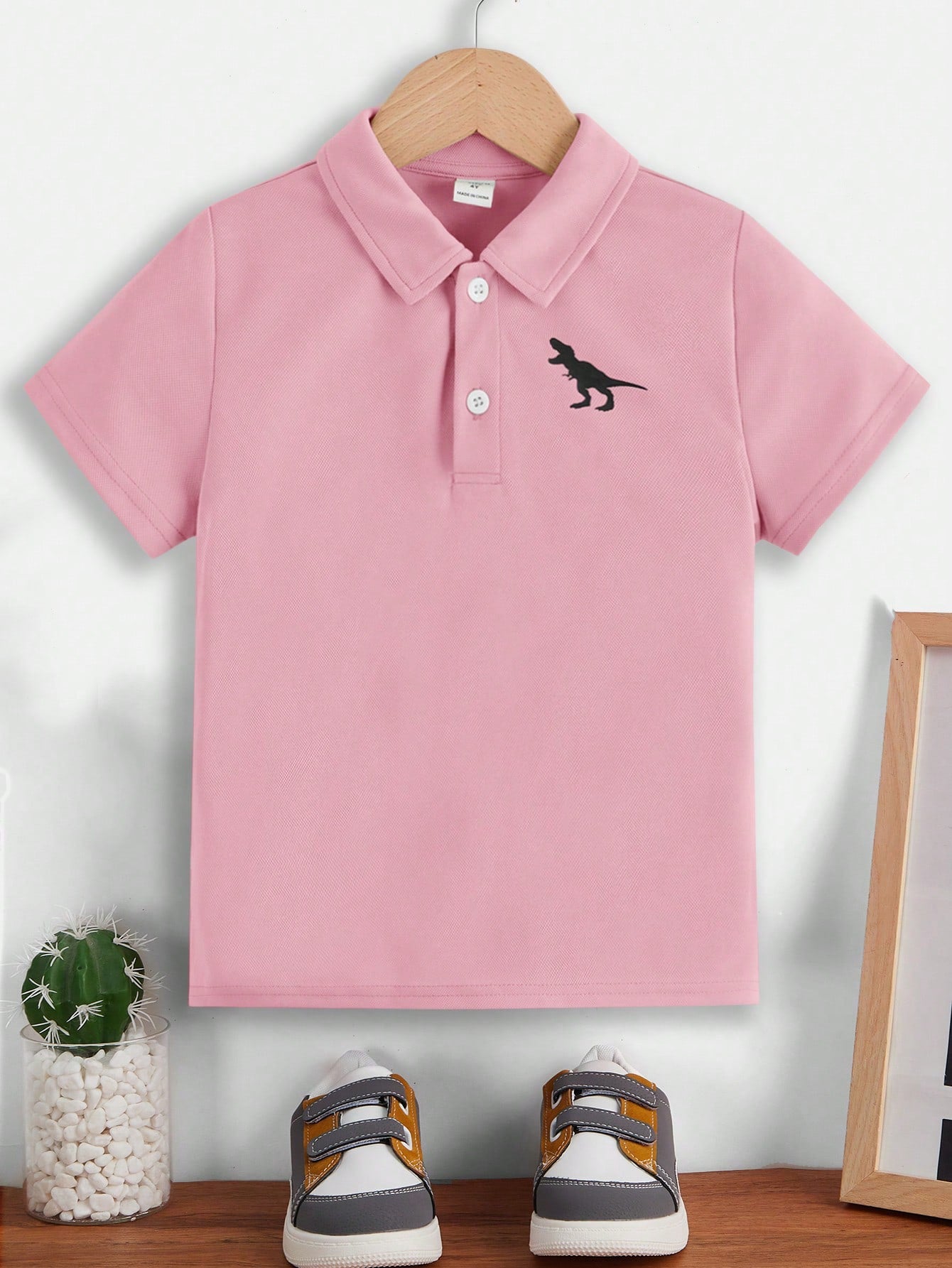 Young Boys' Dinosaur Pattern Pink Polo Shirt With Half Button Placket, Comfortable And Casual For Daily Wear In Summer