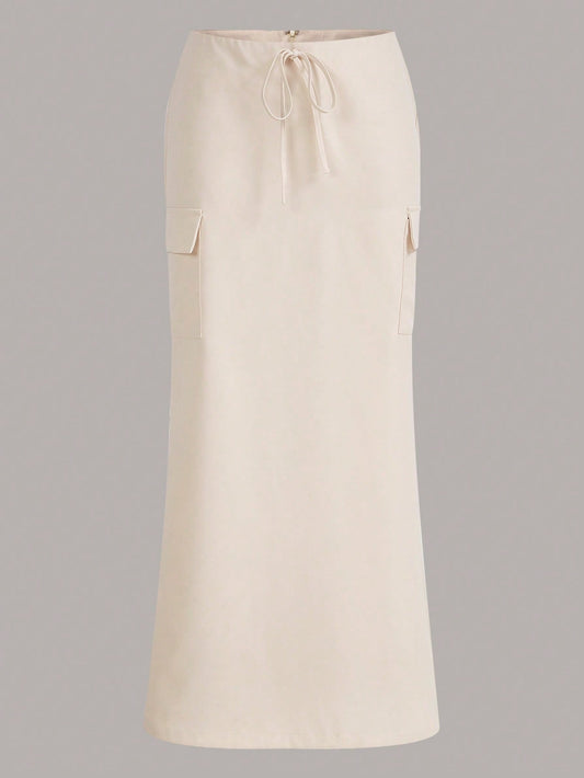 Flap Pocket Side Knot Waist Maxi Cargo Skirt