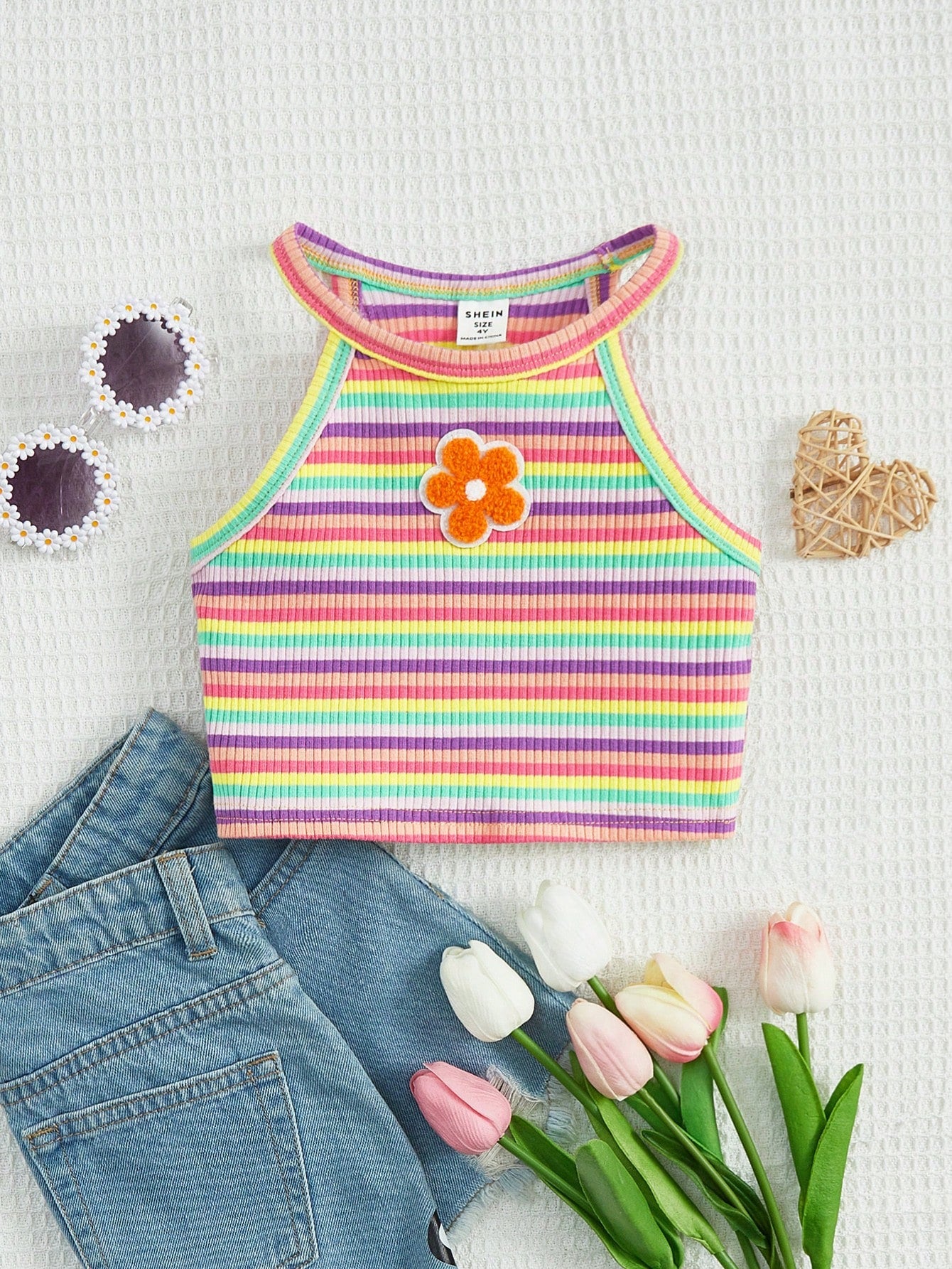 Young Girl Floral Patched Striped Halter Top