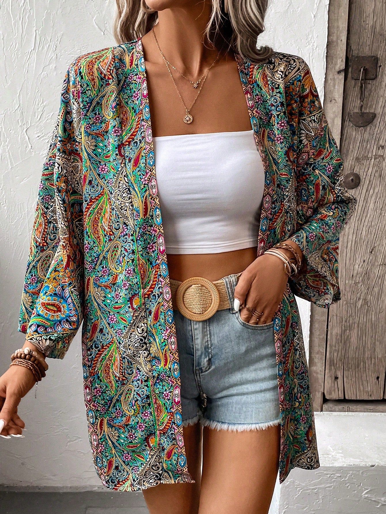 Paisley Print Batwing Sleeve Open Front Kimono