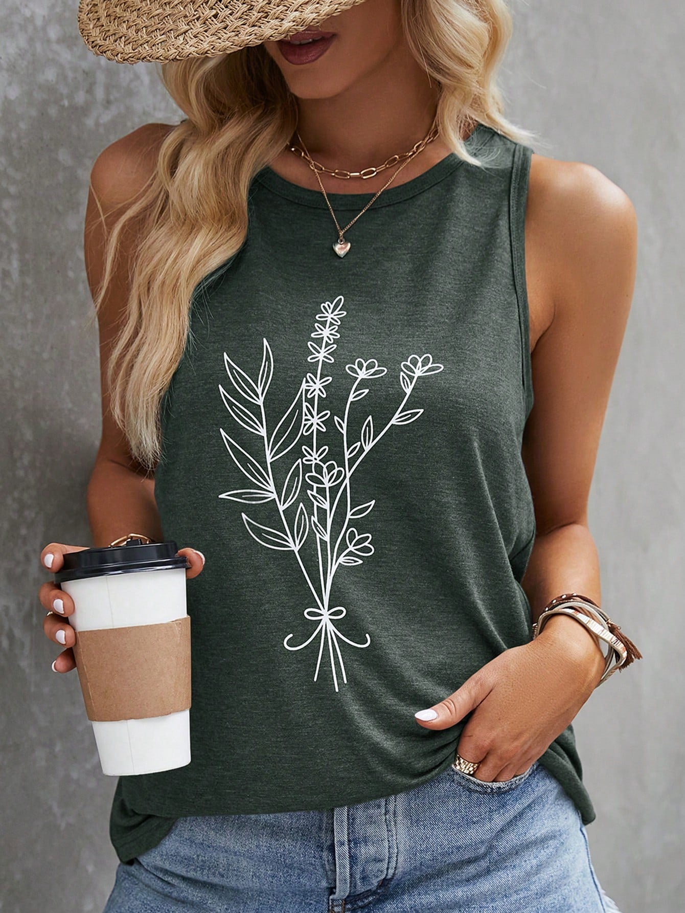 Women's Sleeveless Plant Print Tank Top For Summer