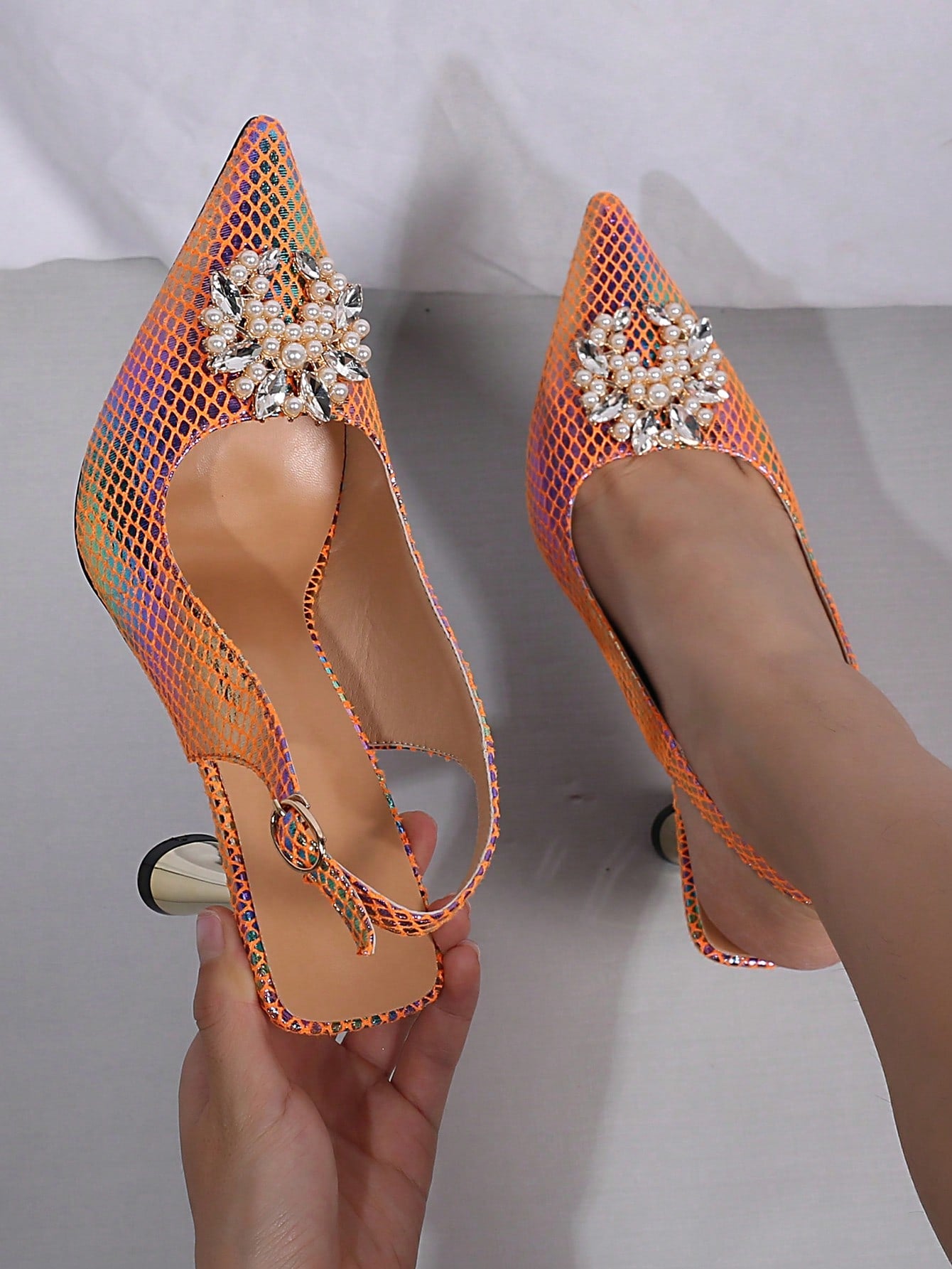 Women Holographic Rhinestone & Faux Pearls Decor Point Toe Pyramid Heeled Slingback Pumps, Funky Outdoor Pumps