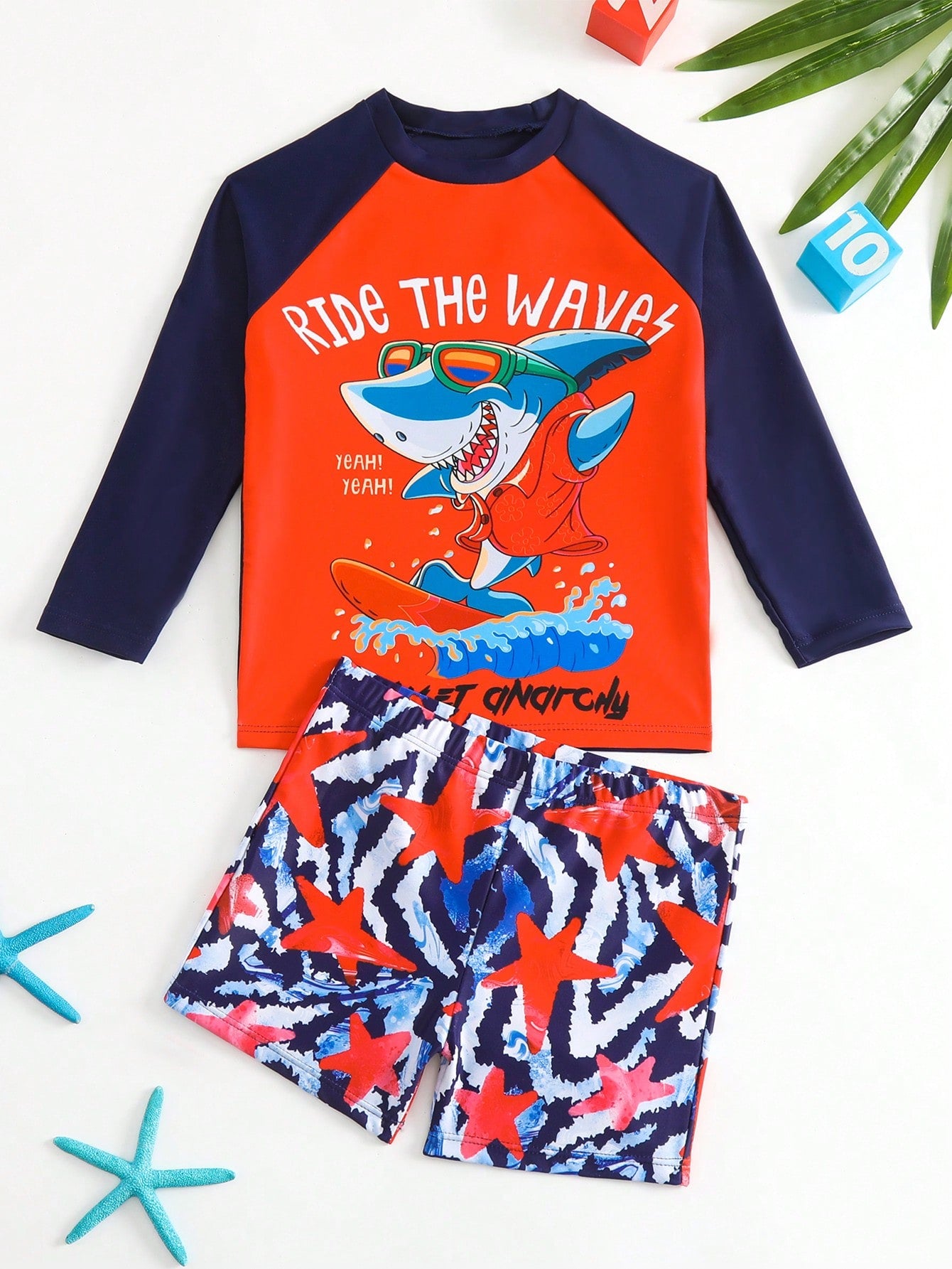 Young Boy Cartoon Shark Print Beach Swimsuit