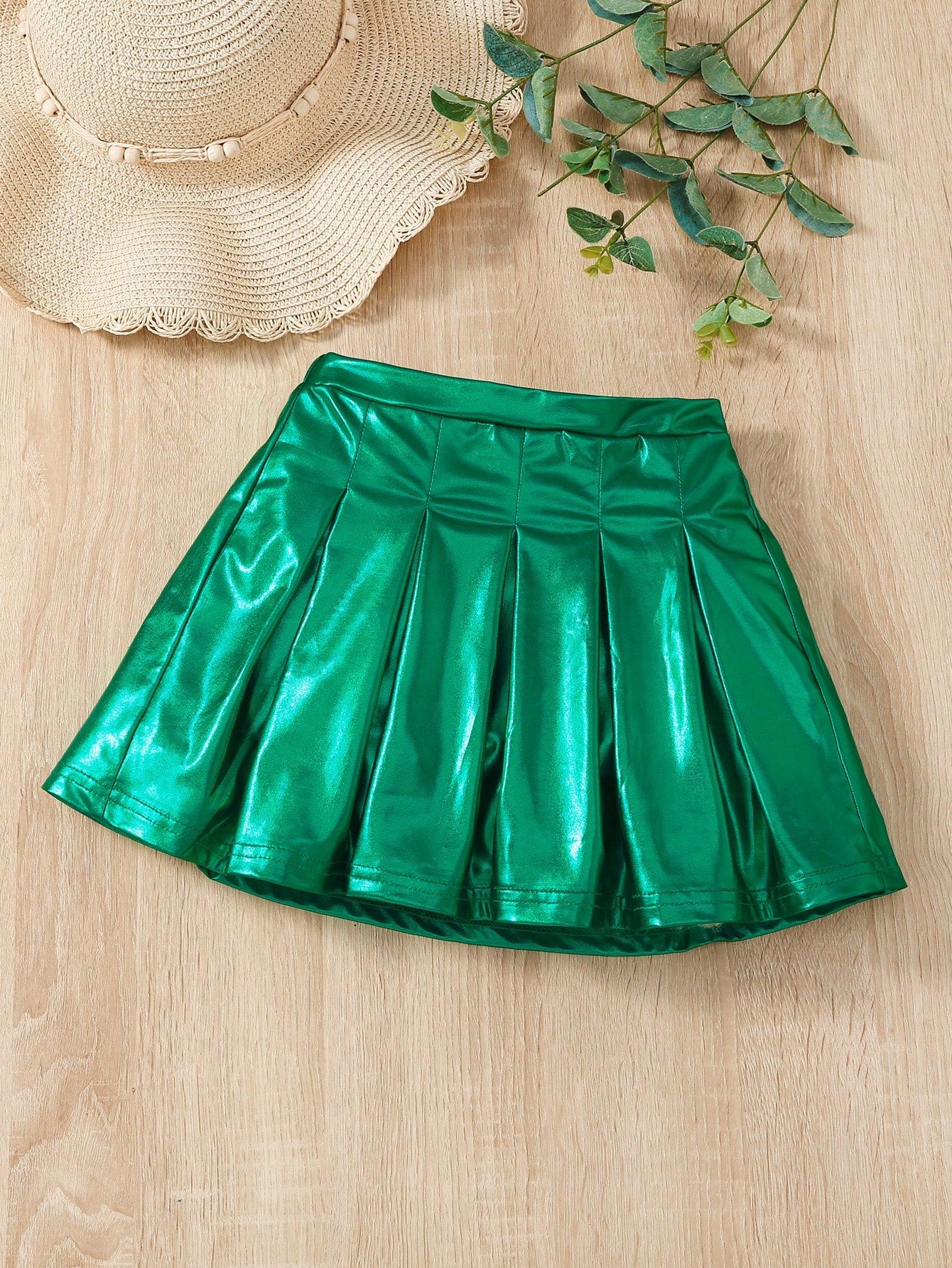 Young Girl Solid Metallic Pleated Skirt