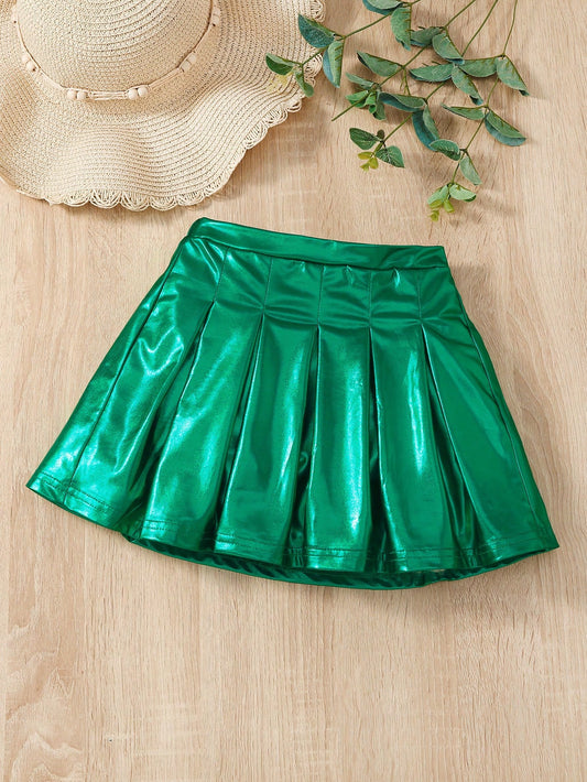 Young Girl Solid Metallic Pleated Skirt