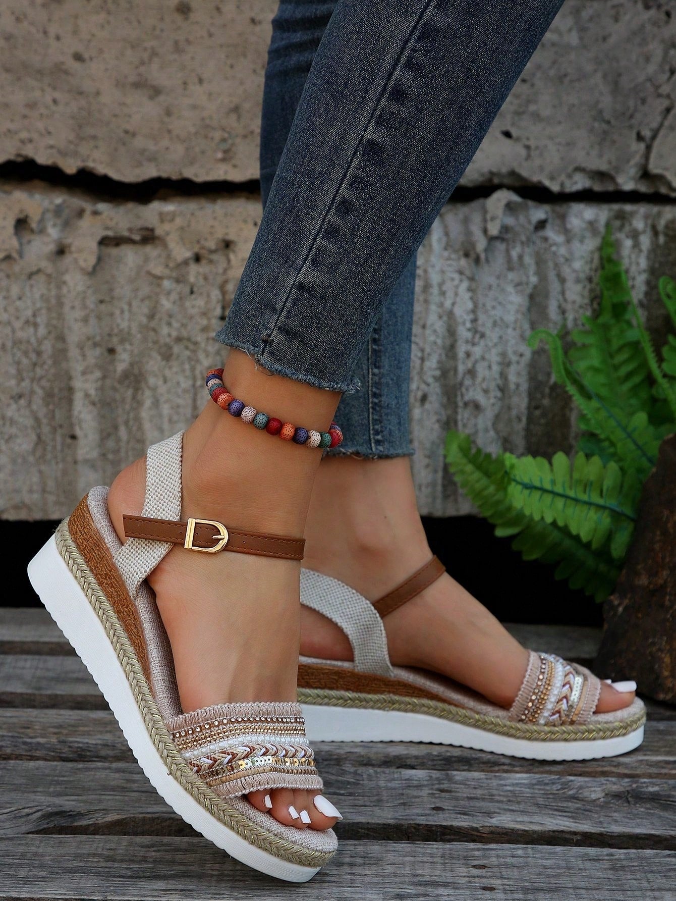 Women\ Colorful Fashionable Wedge Sandals, Bohemian Style, Perfect For Summer Beach Vacation And Casual Wear