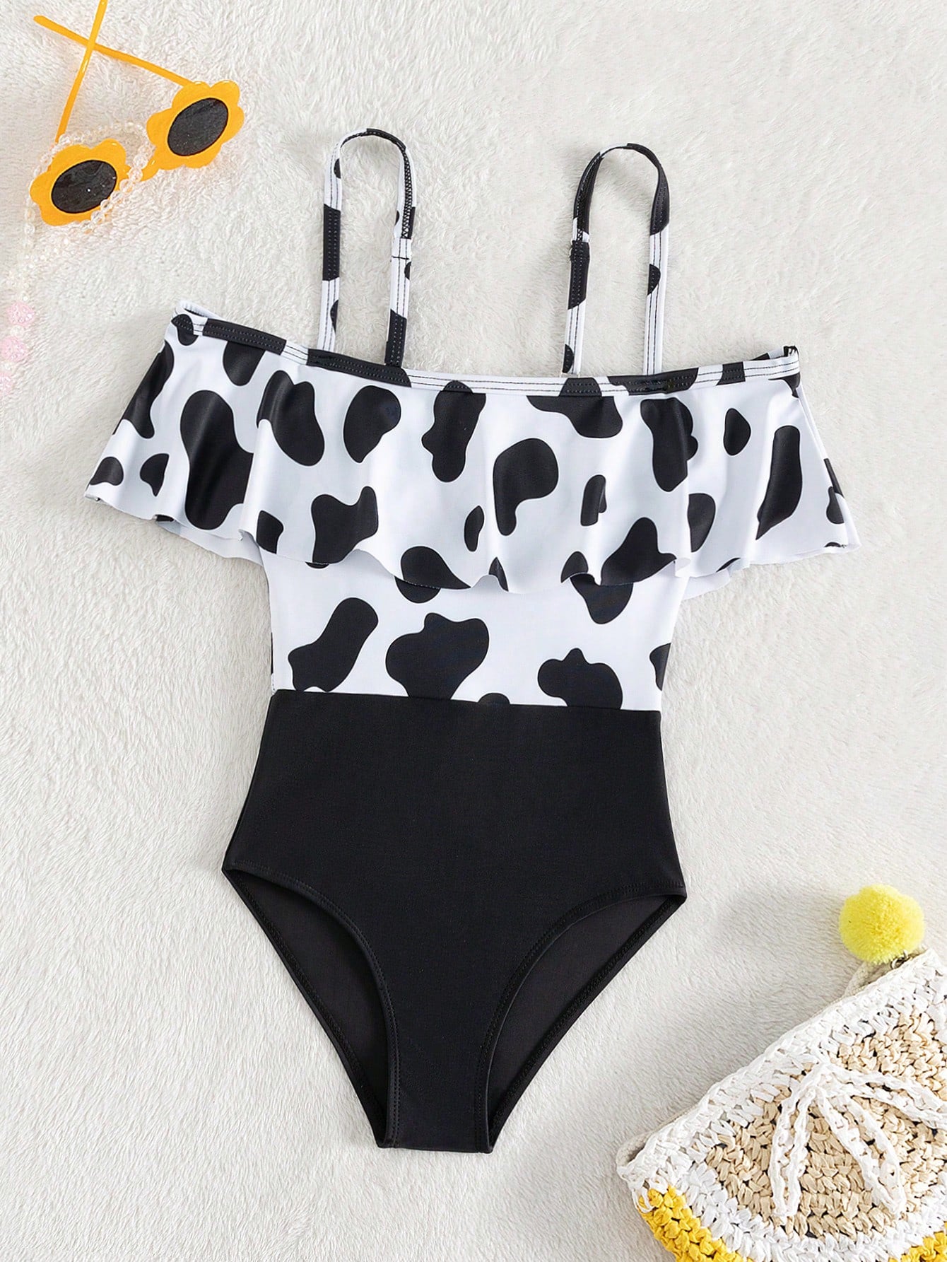 Tween Girl Cow Print Cold Shoulder Ruffle Trim One Piece Swimsuit