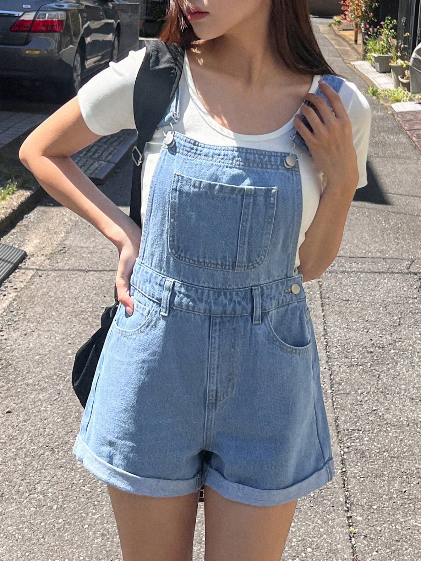 DAZY Roll Up Hem Denim Overall Romper Without Tee