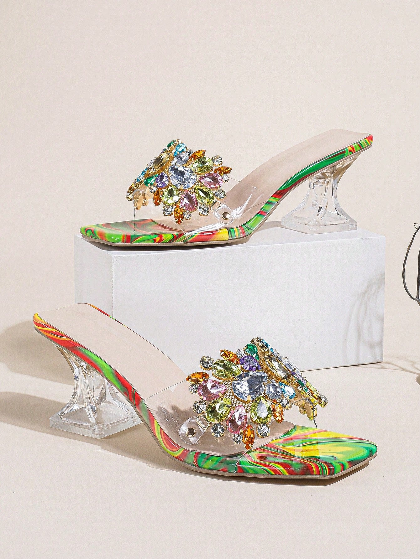 Rhinestone Decor Clear Band Sculptural Heeled Mule Sandals, Blue Party Crystal Detail Solid Color Mules Heels