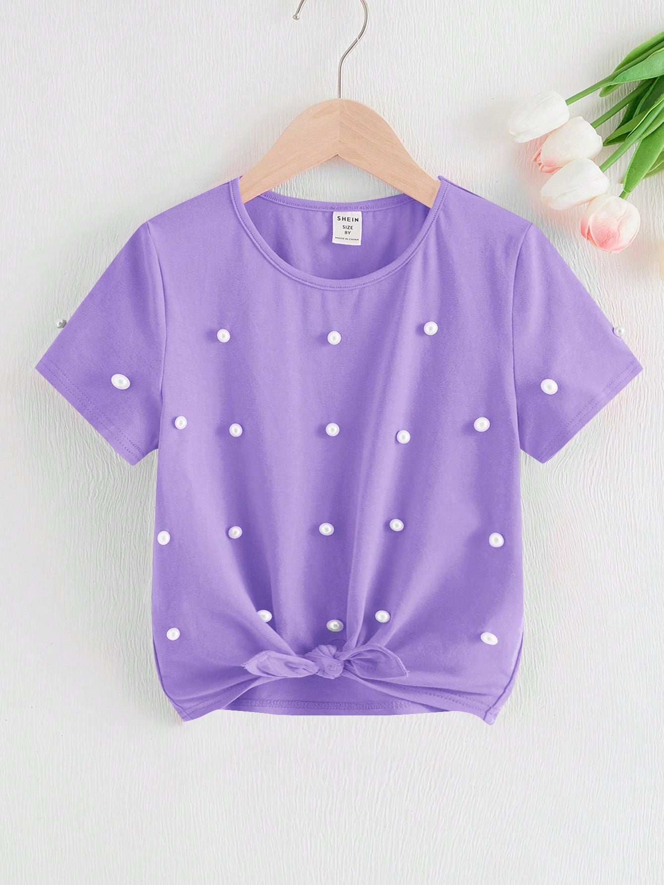 Tween Girls' Casual And Sweet Round Neck Pearl Embellished Twisted Short Sleeve T-Shirt