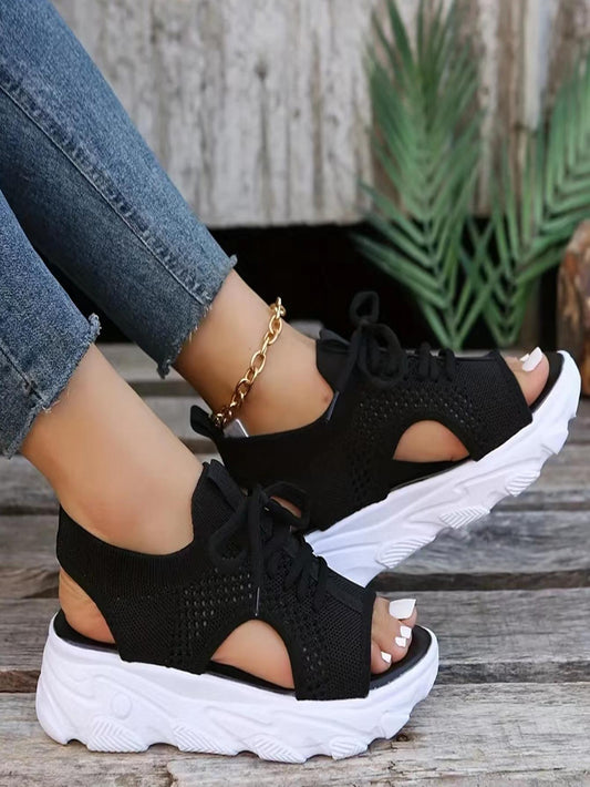 Women Lace-up Front Cut Out Sports Sandals, Sporty Black Fabric Sport Sandals